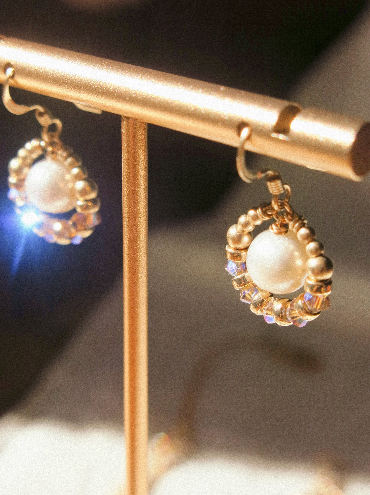 Suila Earrings with White Round Pearl and Mystic Lavender Swarovski Crystal, 14K Gold Fill