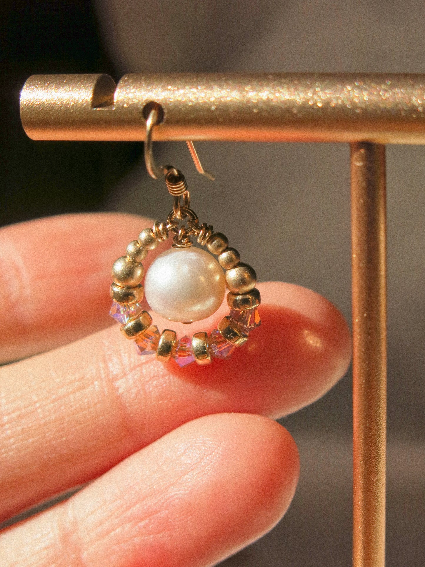 Suila Earrings with White Round Pearl and Mystic Lavender Swarovski Crystal, 14K Gold Fill