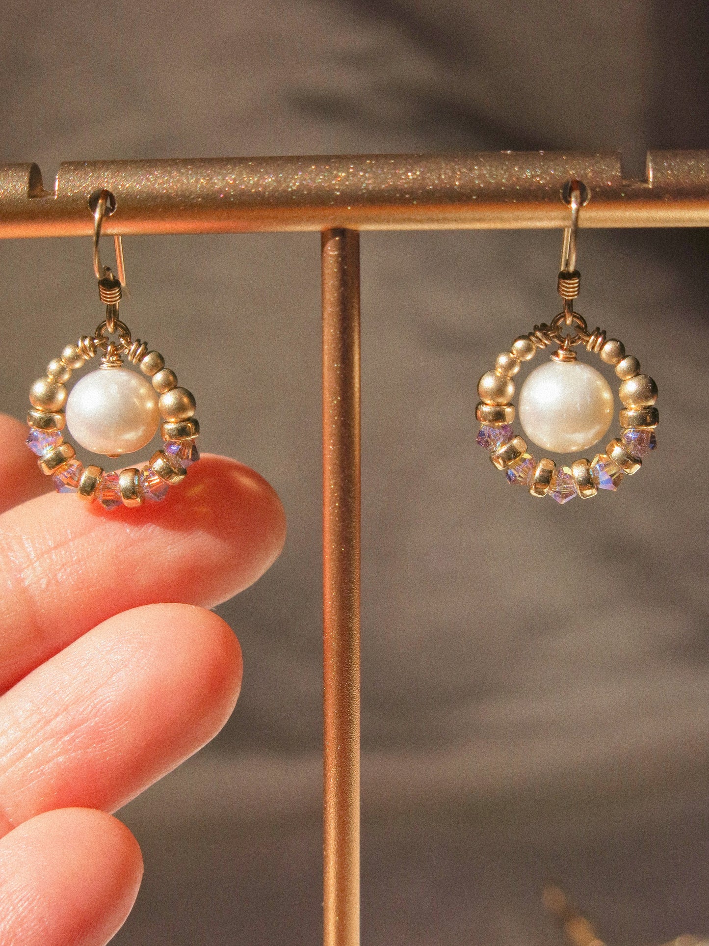 Suila Earrings with White Round Pearl and Mystic Lavender Swarovski Crystal, 14K Gold Fill
