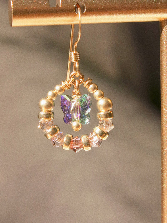 Suila Earrings with Mystic Peacock Butterfly and Ombré Lavender Swarovski Crystal, 14K Gold Fill