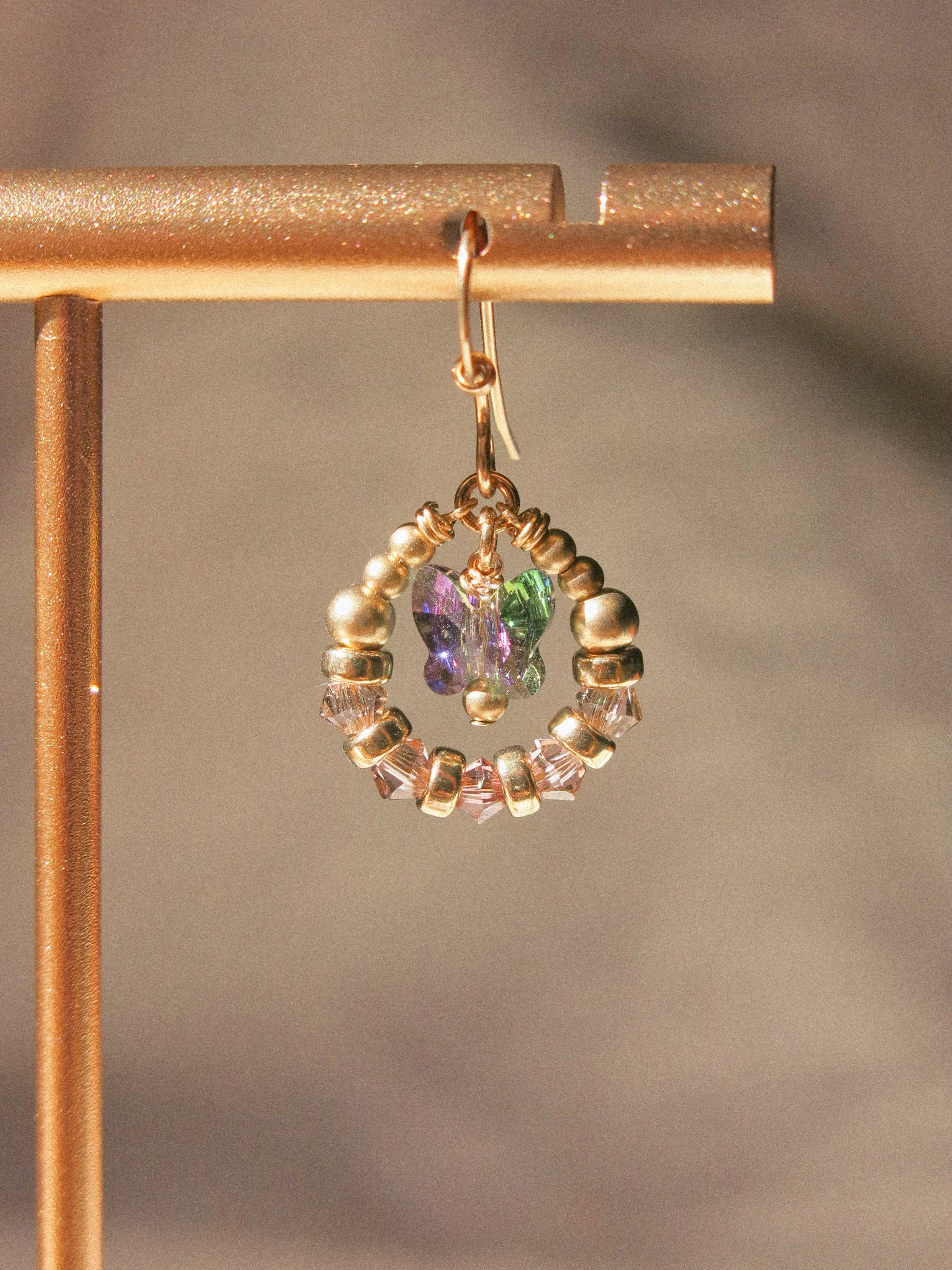 Suila Earrings with Mystic Peacock Butterfly and Ombré Lavender Swarovski Crystal, 14K Gold Fill