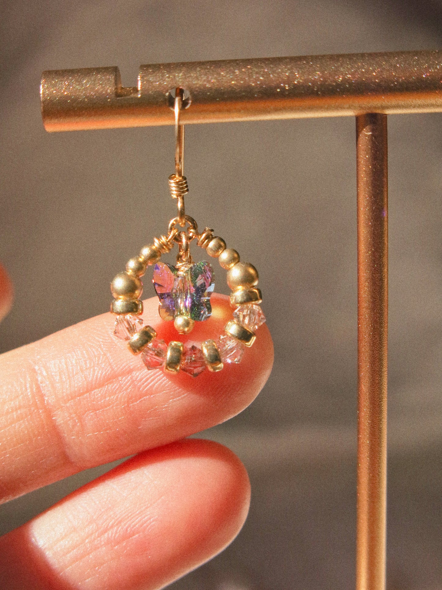 Suila Earrings with Mystic Peacock Butterfly and Ombré Lavender Swarovski Crystal, 14K Gold Fill