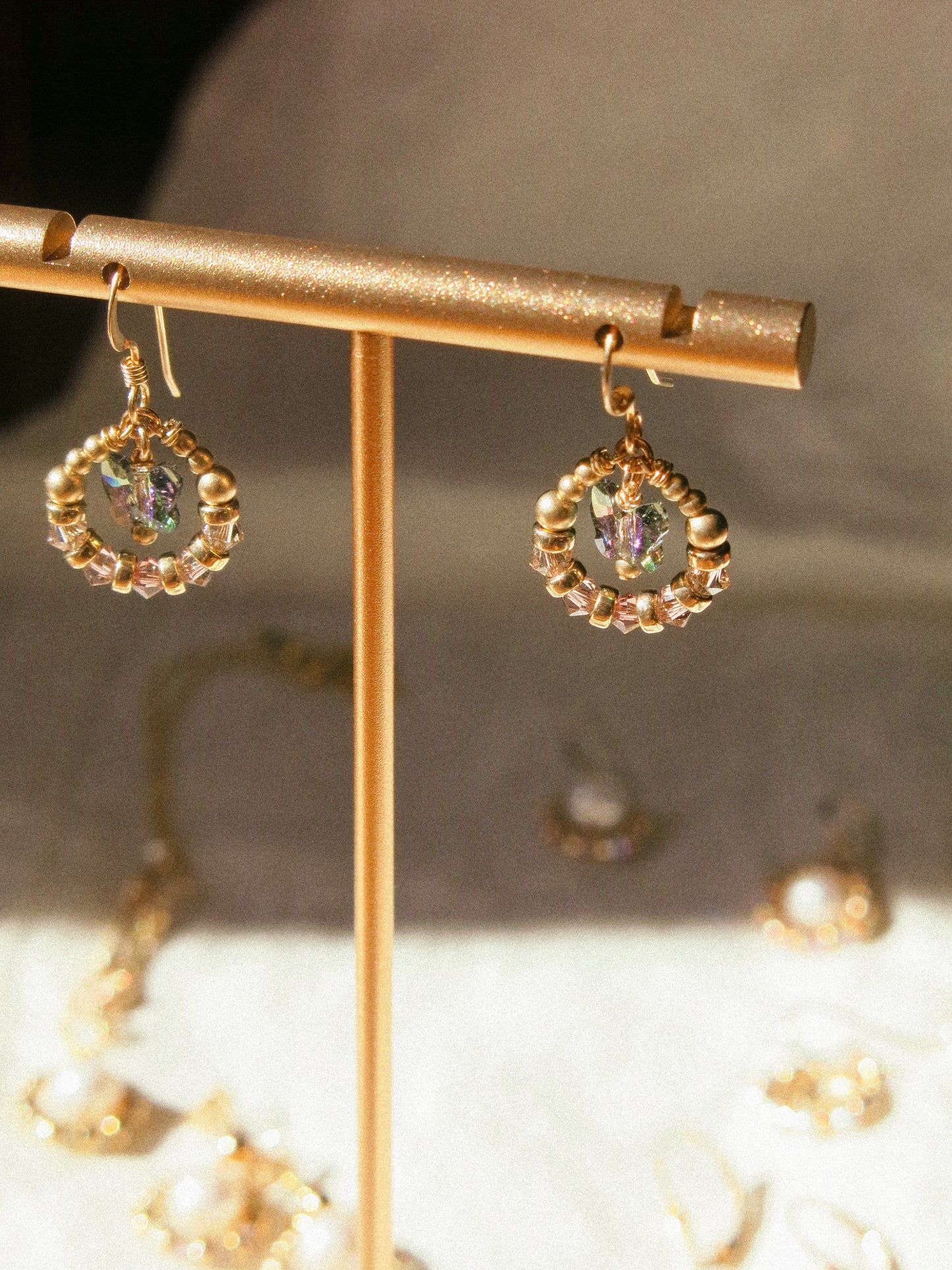 Suila Earrings with Mystic Peacock Butterfly and Ombré Lavender Swarovski Crystal, 14K Gold Fill