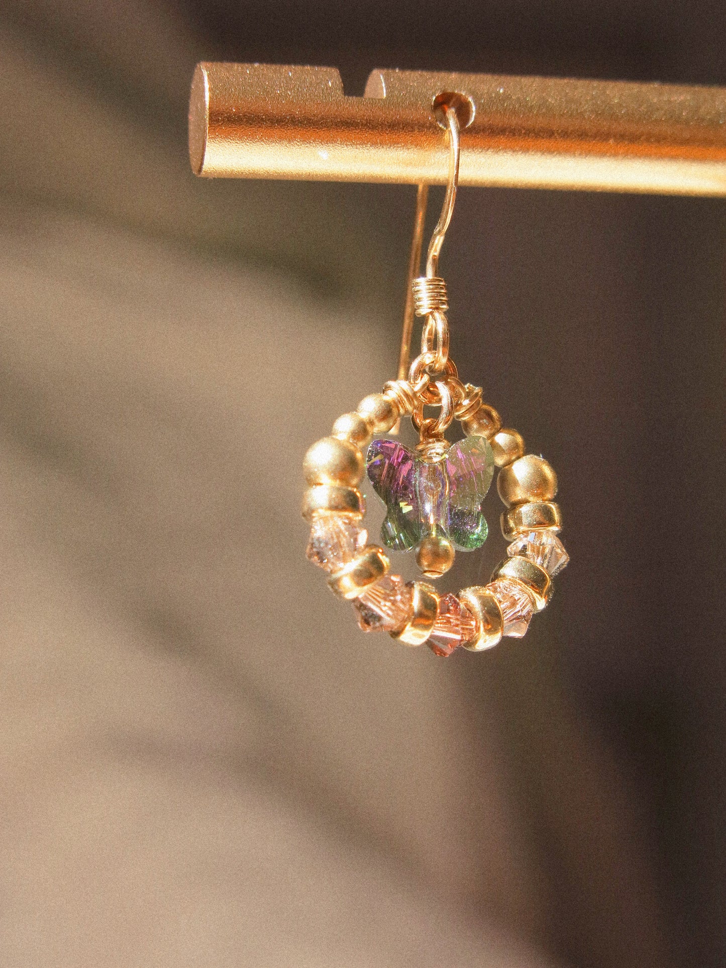 Suila Earrings with Mystic Peacock Butterfly and Ombré Lavender Swarovski Crystal, 14K Gold Fill