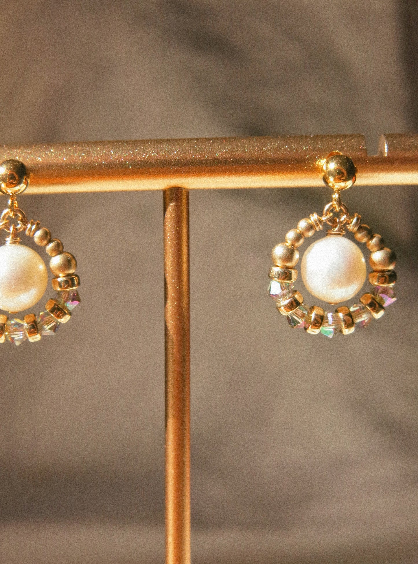Suila Earrings with White Round Pearl and Mystic Mint Peacock Swarovski Crystal, 14K Gold Fill, Ball Post Earrings