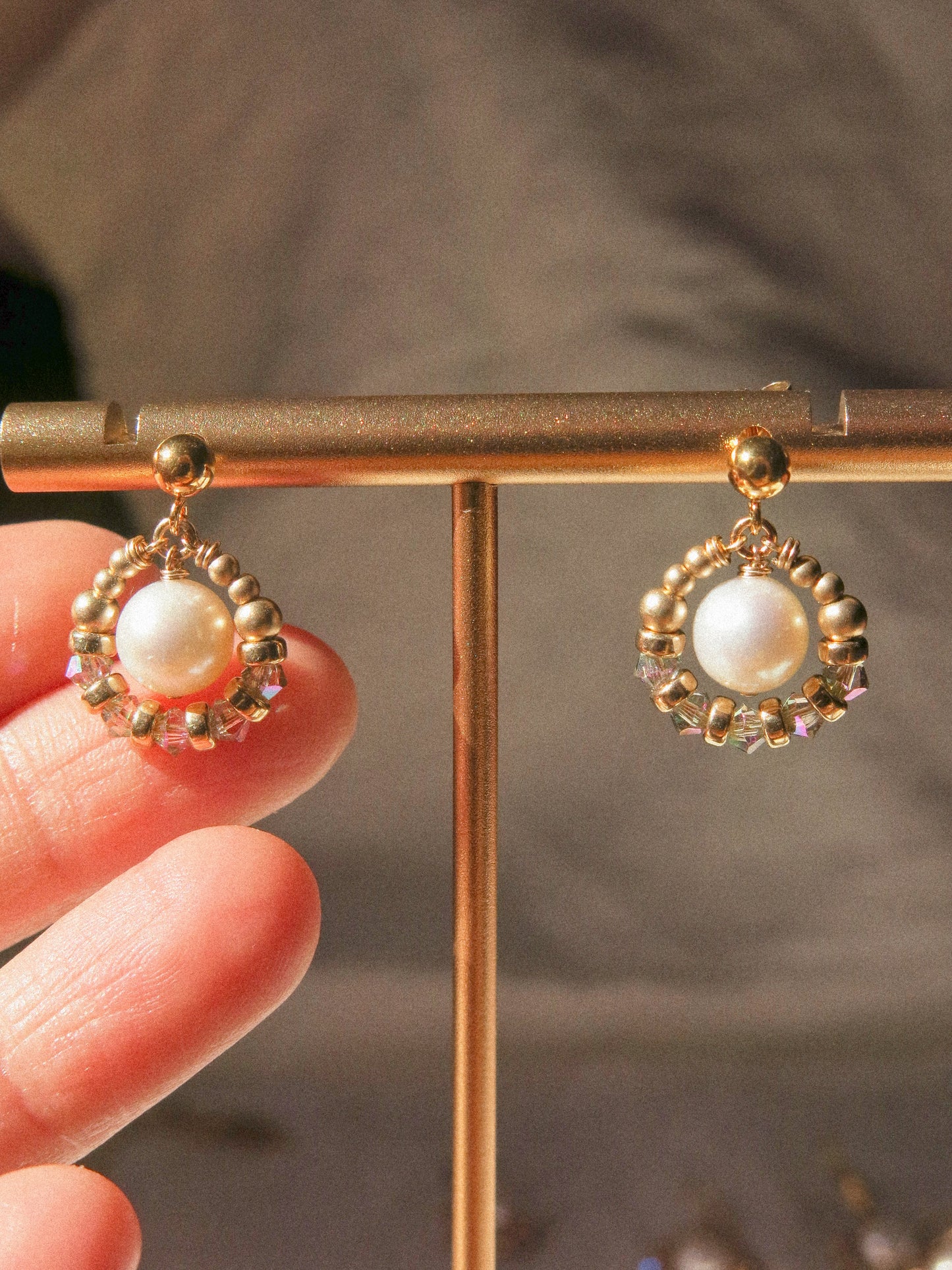 Suila Earrings with White Round Pearl and Mystic Mint Peacock Swarovski Crystal, 14K Gold Fill, Ball Post Earrings
