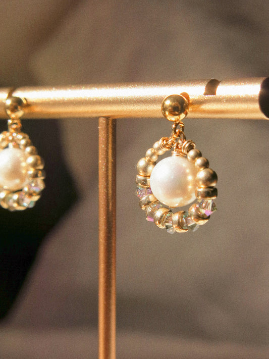 Suila Earrings with White Round Pearl and Mystic Mint Peacock Swarovski Crystal, 14K Gold Fill, Ball Post Earrings