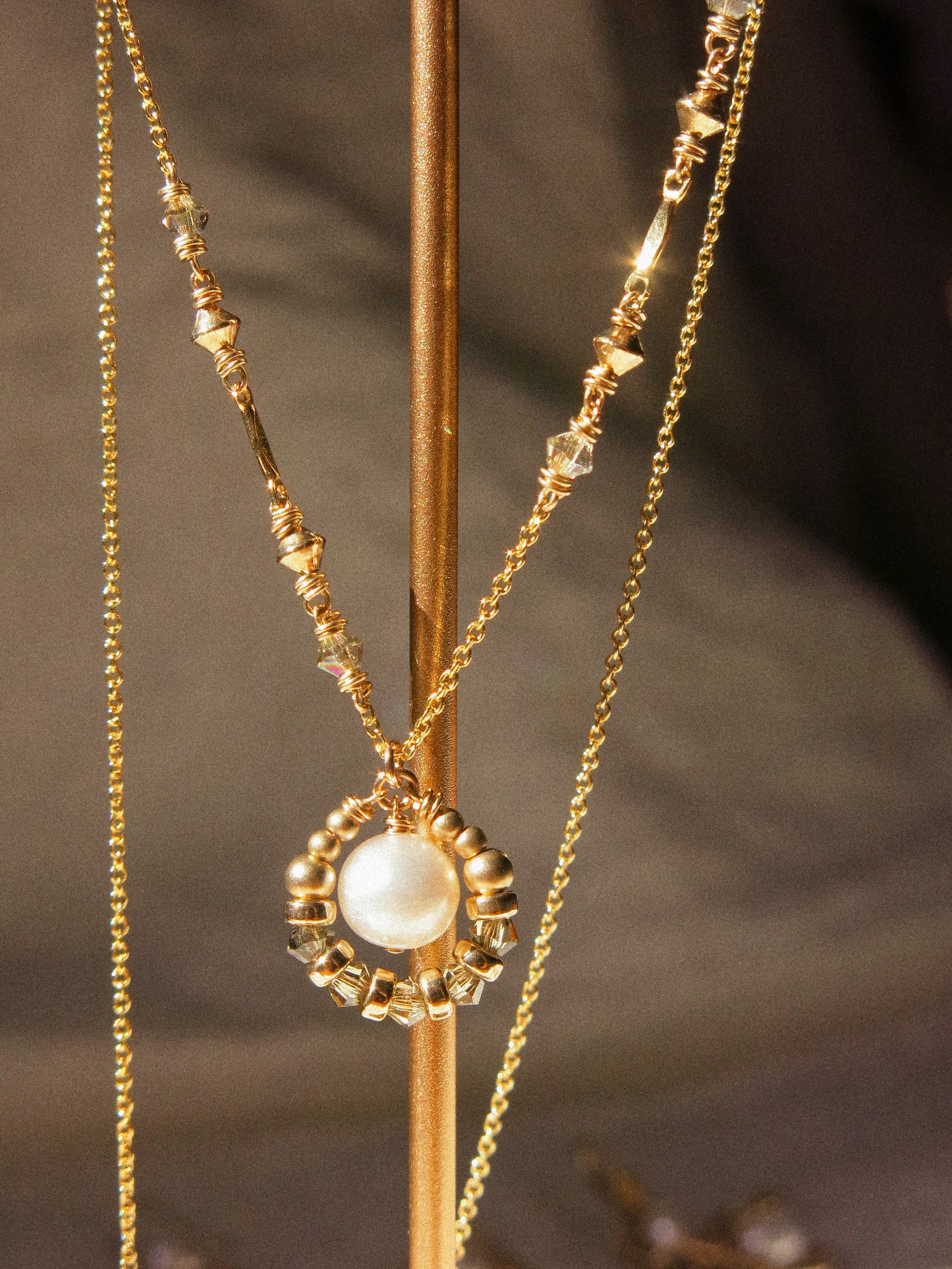 Suila Necklace with White Round Pearl and Muted Silver Green Swarovski Crystal, 14K Gold Fill