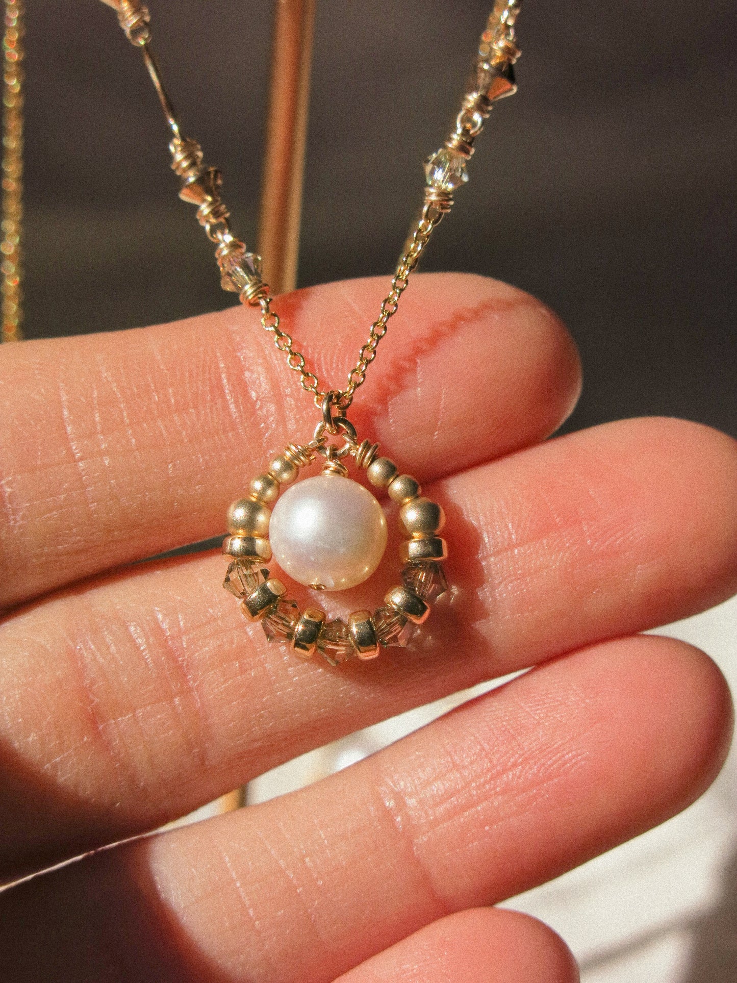 Suila Necklace with White Round Pearl and Muted Silver Green Swarovski Crystal, 14K Gold Fill