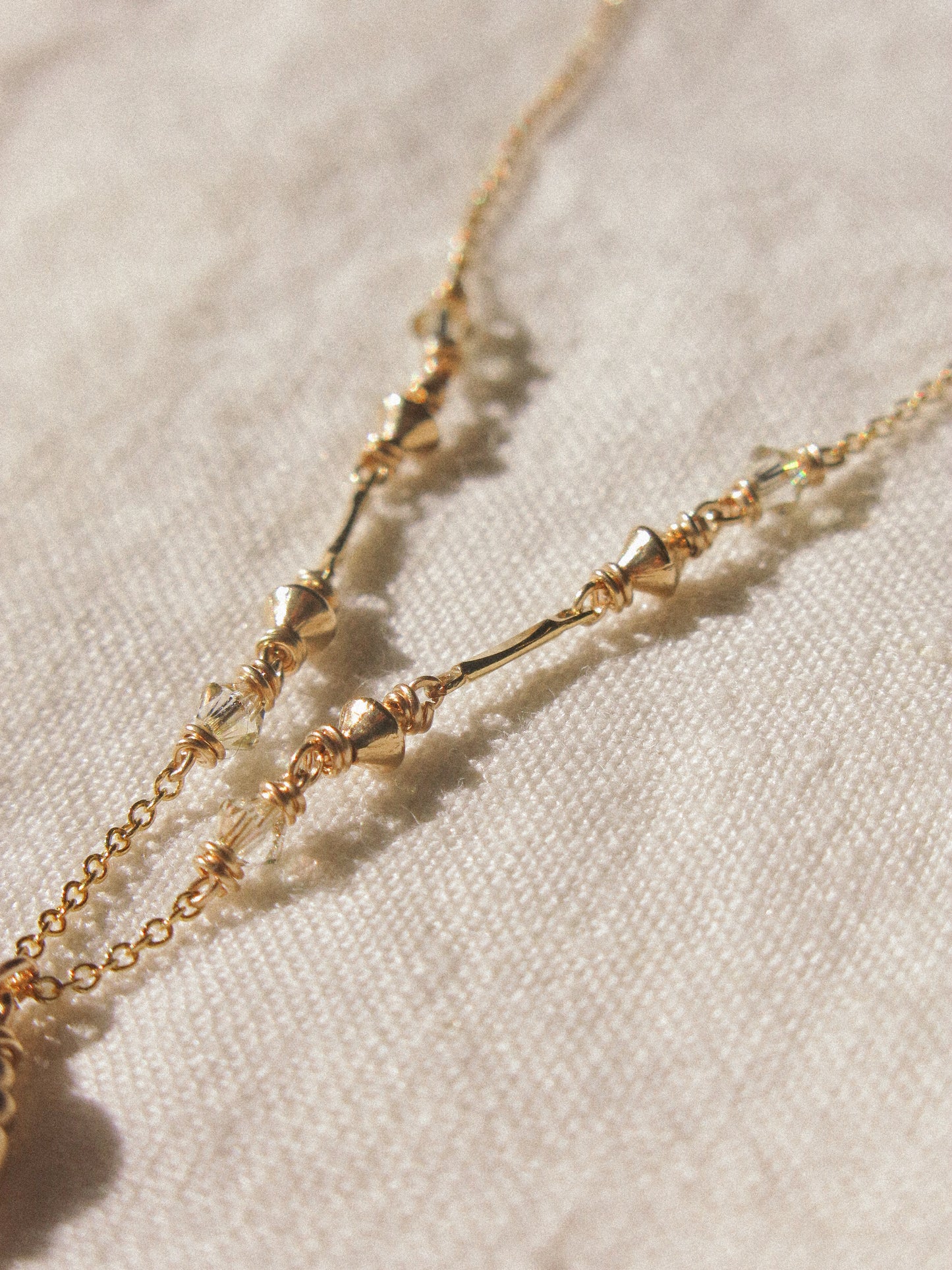 Suila Necklace with White Round Pearl and Muted Silver Green Swarovski Crystal, 14K Gold Fill
