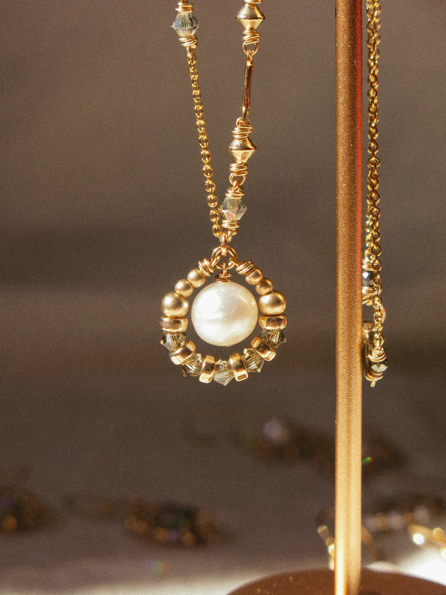 Suila Necklace with White Round Pearl and Muted Silver Green Swarovski Crystal, 14K Gold Fill