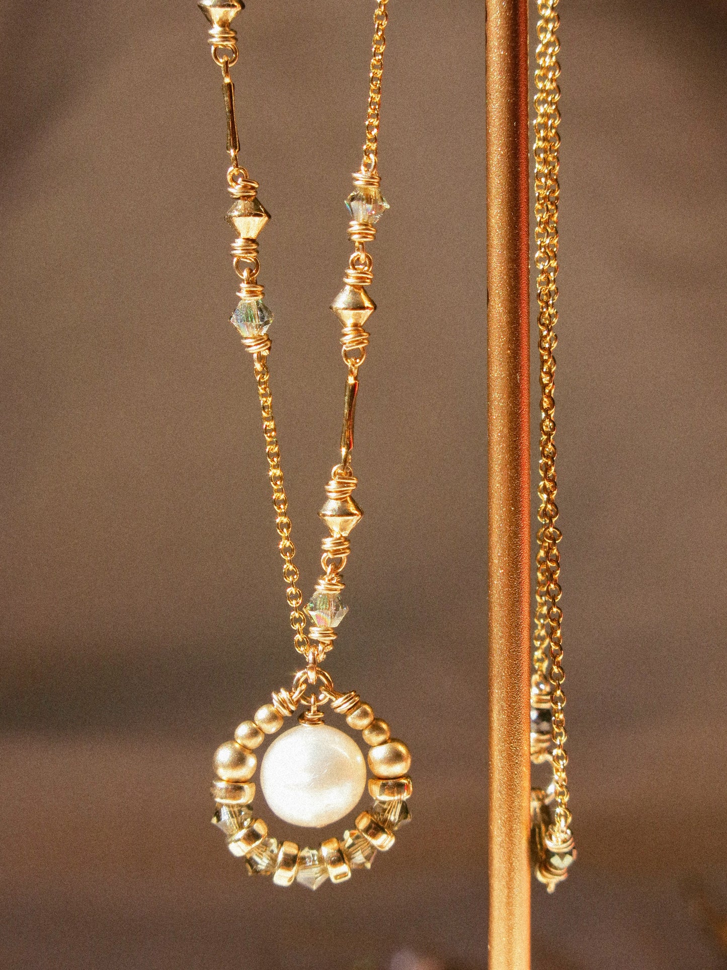 Suila Necklace with White Round Pearl and Muted Silver Green Swarovski Crystal, 14K Gold Fill