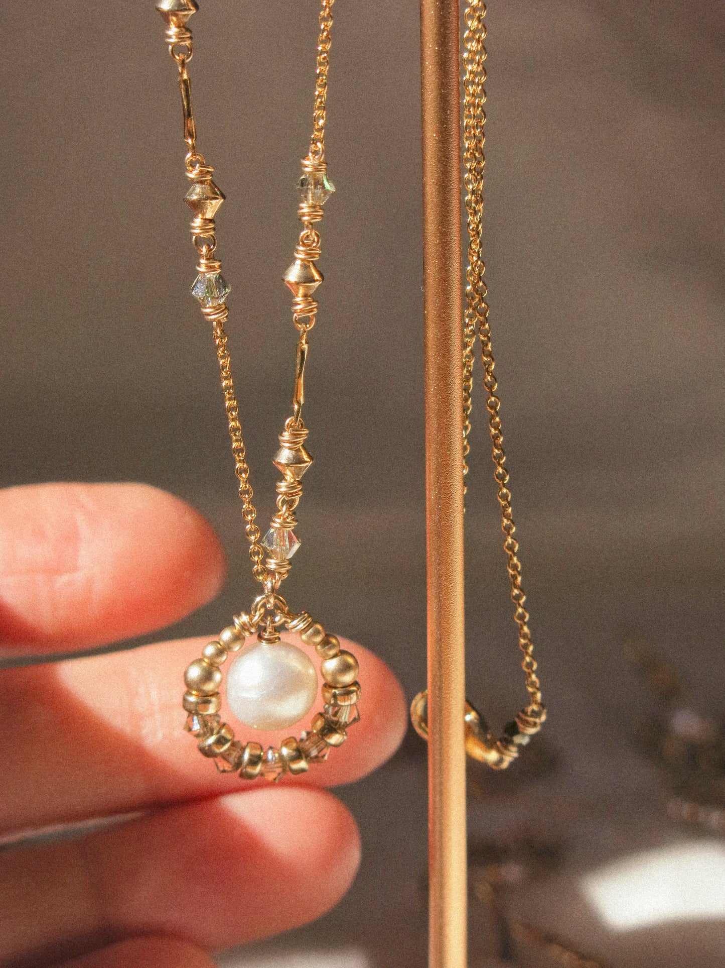 Suila Necklace with White Round Pearl and Muted Silver Green Swarovski Crystal, 14K Gold Fill