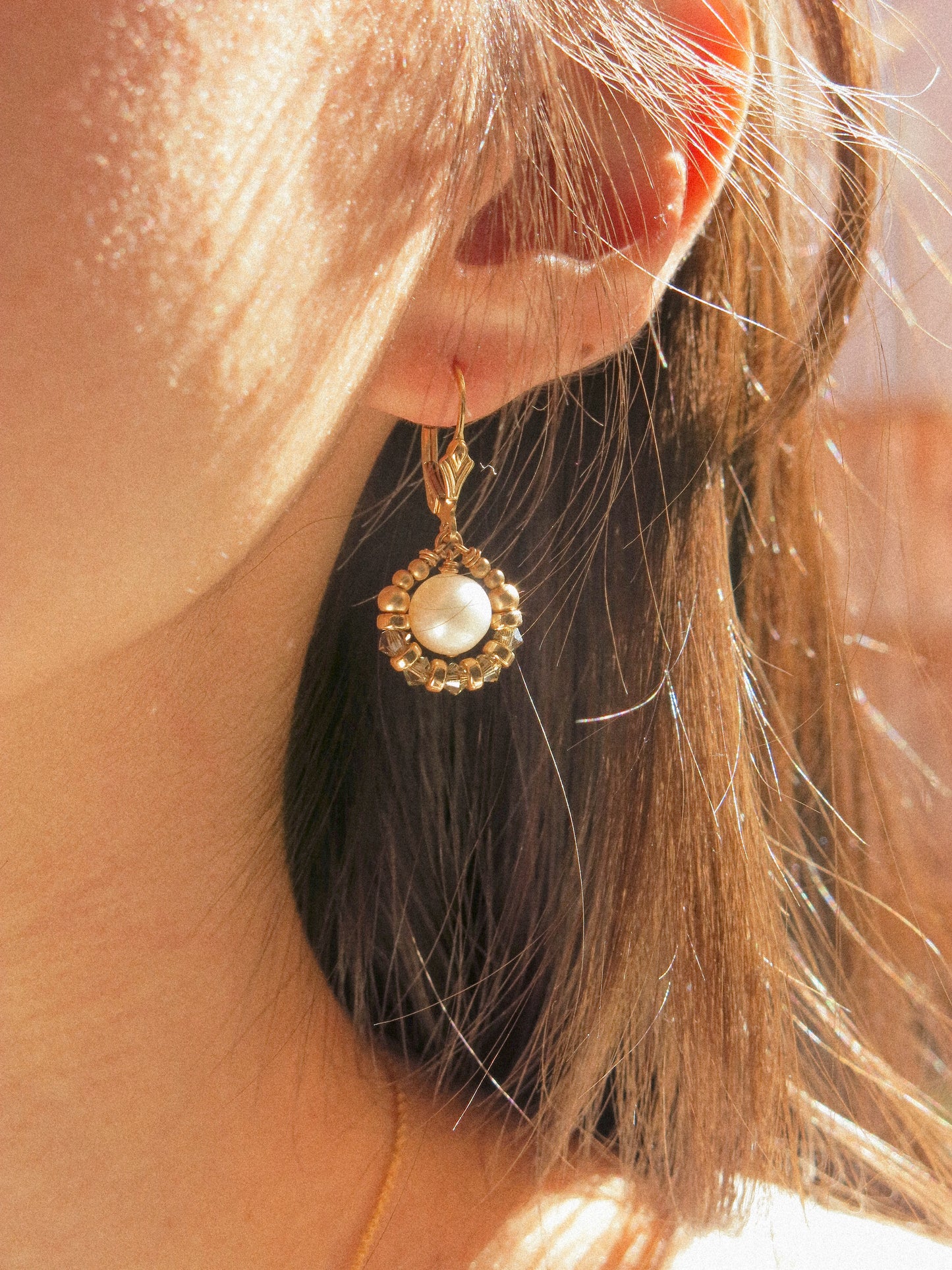 Suila Earrings with White Round Pearl and Muted Silver Green Swarovski Crystal, 14K Gold Fill, Fleur de Lis Lever Back Earrings