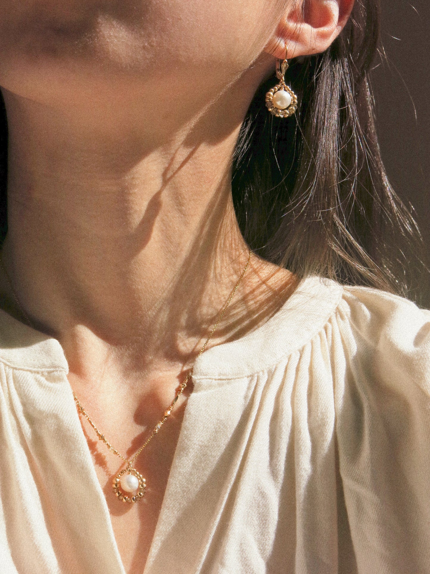 Suila Necklace with White Round Pearl and Muted Silver Green Swarovski Crystal, 14K Gold Fill