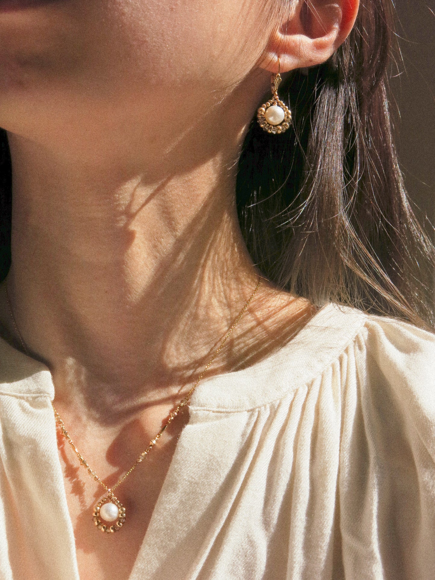 Suila Earrings with White Round Pearl and Muted Silver Green Swarovski Crystal, 14K Gold Fill, Fleur de Lis Lever Back Earrings