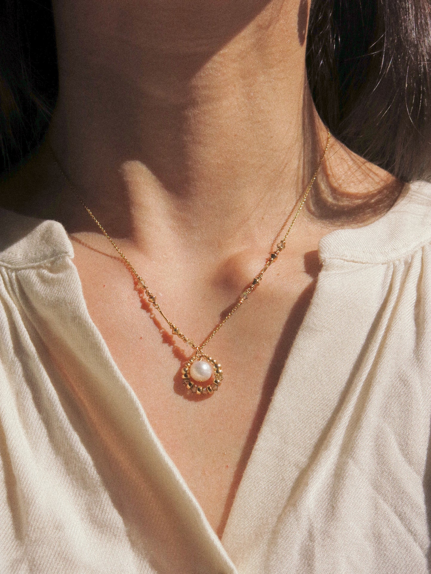 Suila Necklace with White Round Pearl and Muted Silver Green Swarovski Crystal, 14K Gold Fill