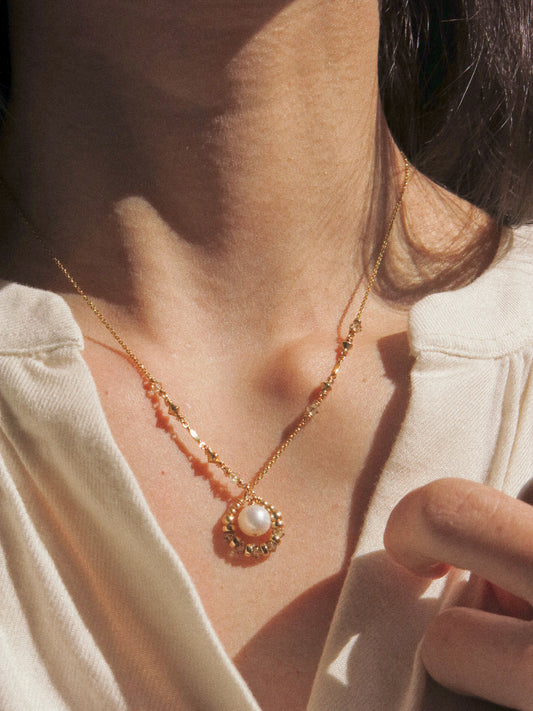 Suila Necklace with White Round Pearl and Muted Silver Green Swarovski Crystal, 14K Gold Fill