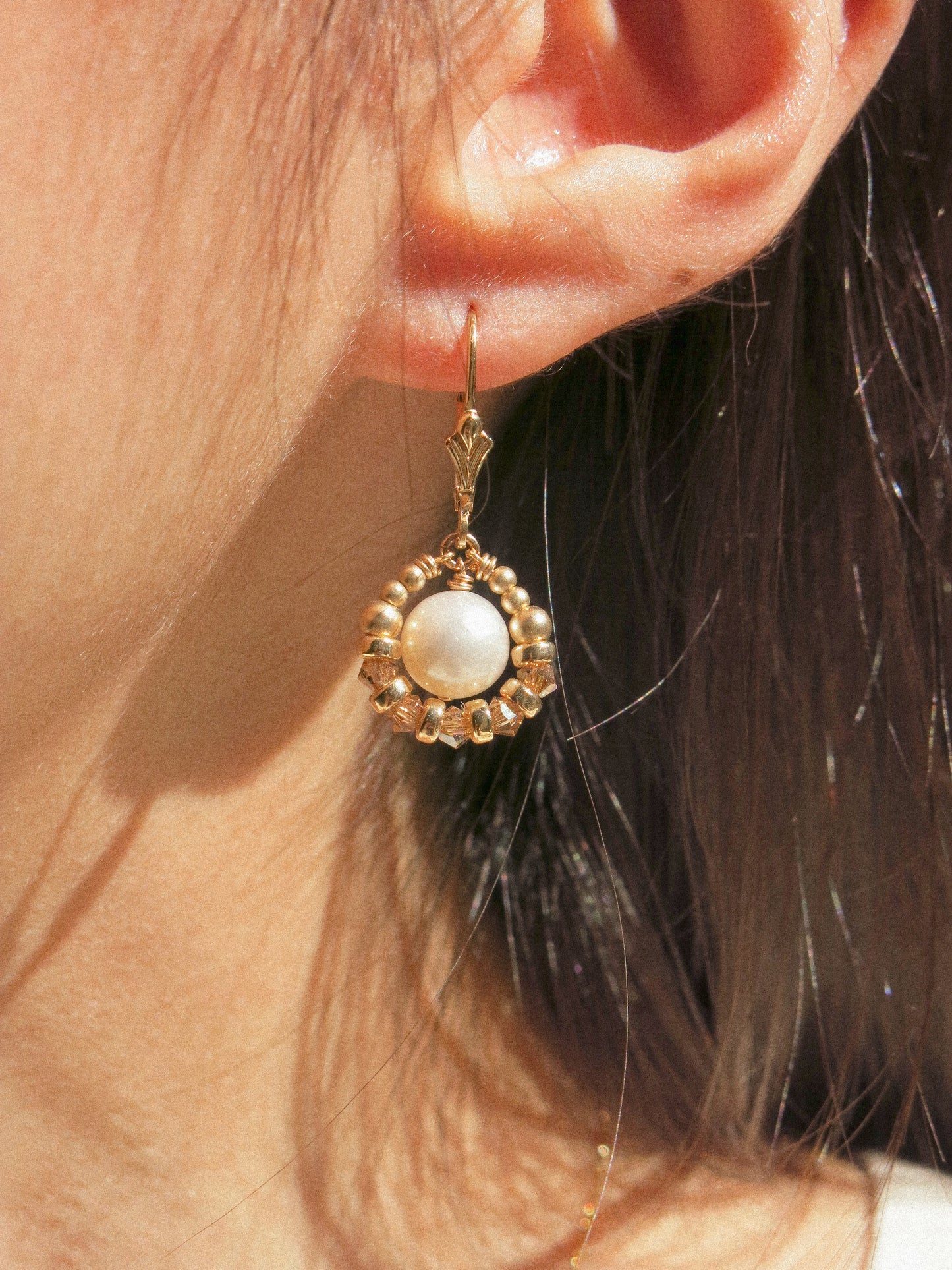 Suila Earrings with White Round Pearl and Gold Champagne Swarovski Crystal, 14K Gold Fill, Fleur de Lis Lever Back Earrings