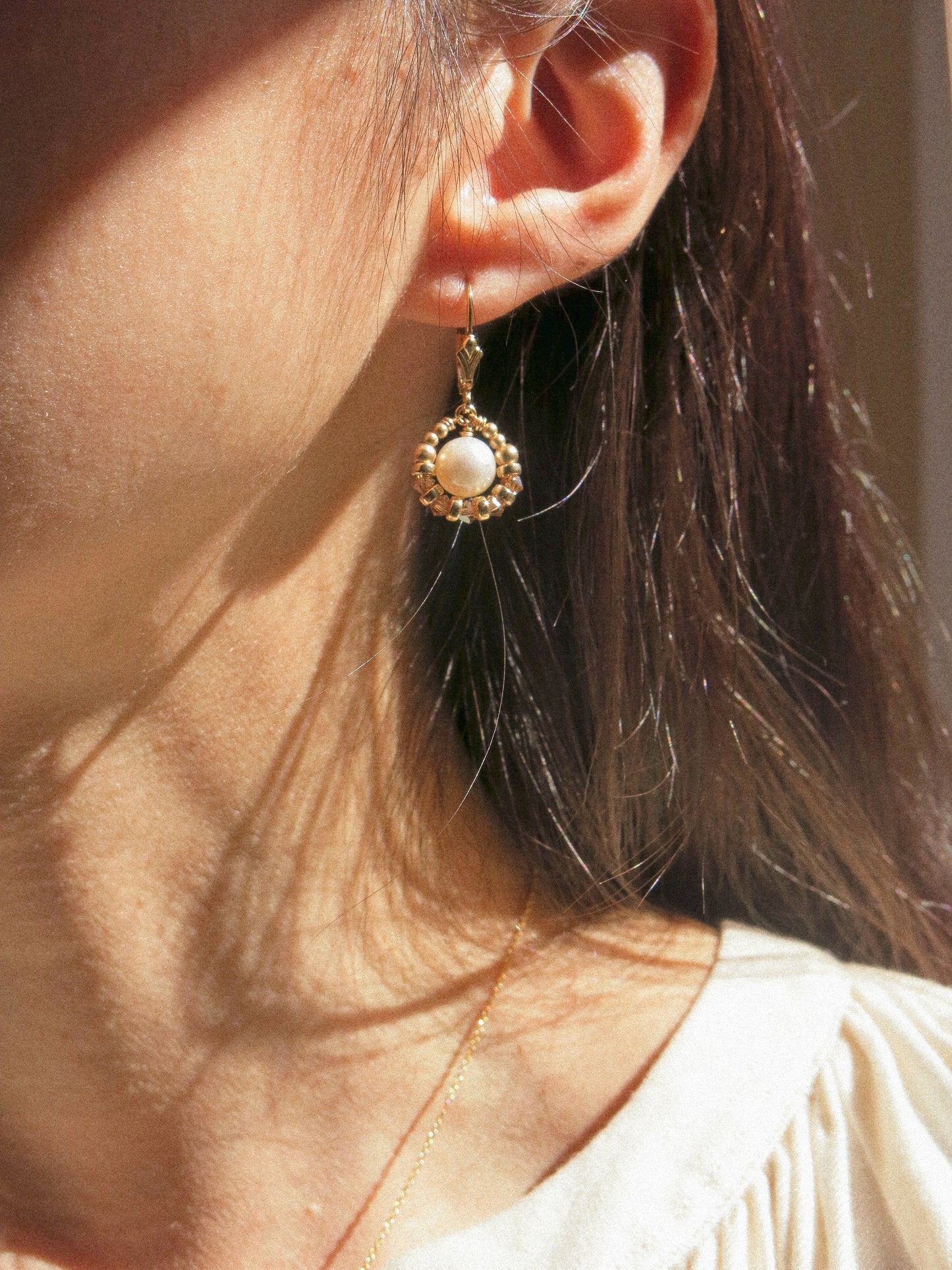 Suila Earrings with White Round Pearl and Gold Champagne Swarovski Crystal, 14K Gold Fill, Fleur de Lis Lever Back Earrings