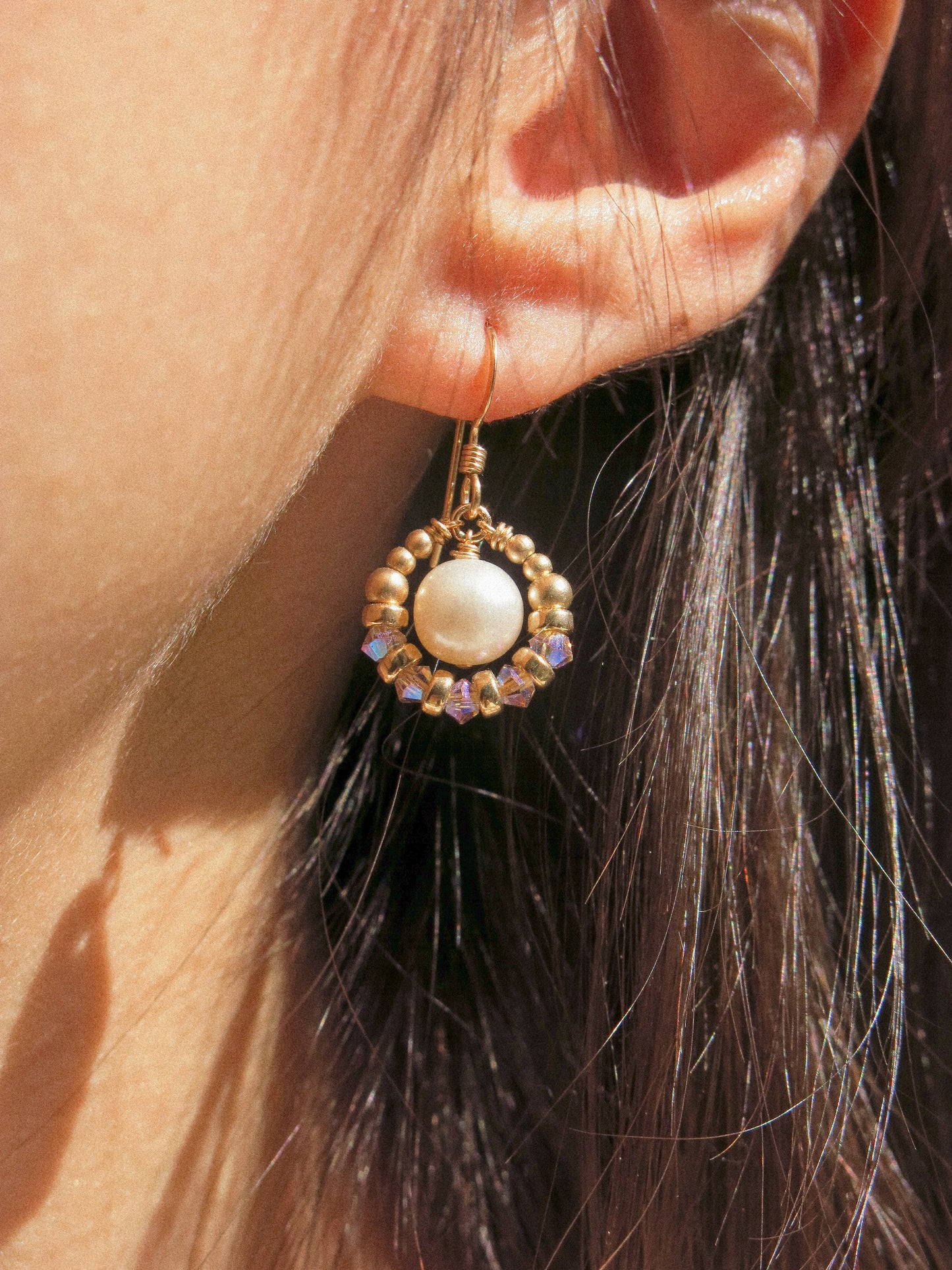 Suila Earrings with White Round Pearl and Mystic Lavender Swarovski Crystal, 14K Gold Fill