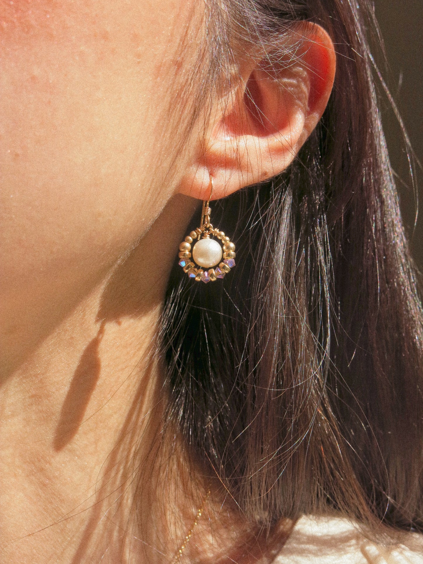 Suila Earrings with White Round Pearl and Mystic Lavender Swarovski Crystal, 14K Gold Fill