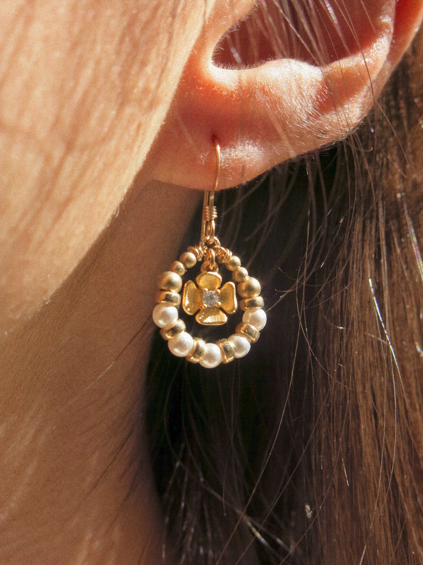 Suila Earrings with Petite Matte Gold Flower, Cubic Zirconia and White Glass Pearls, 14K Gold Fill
