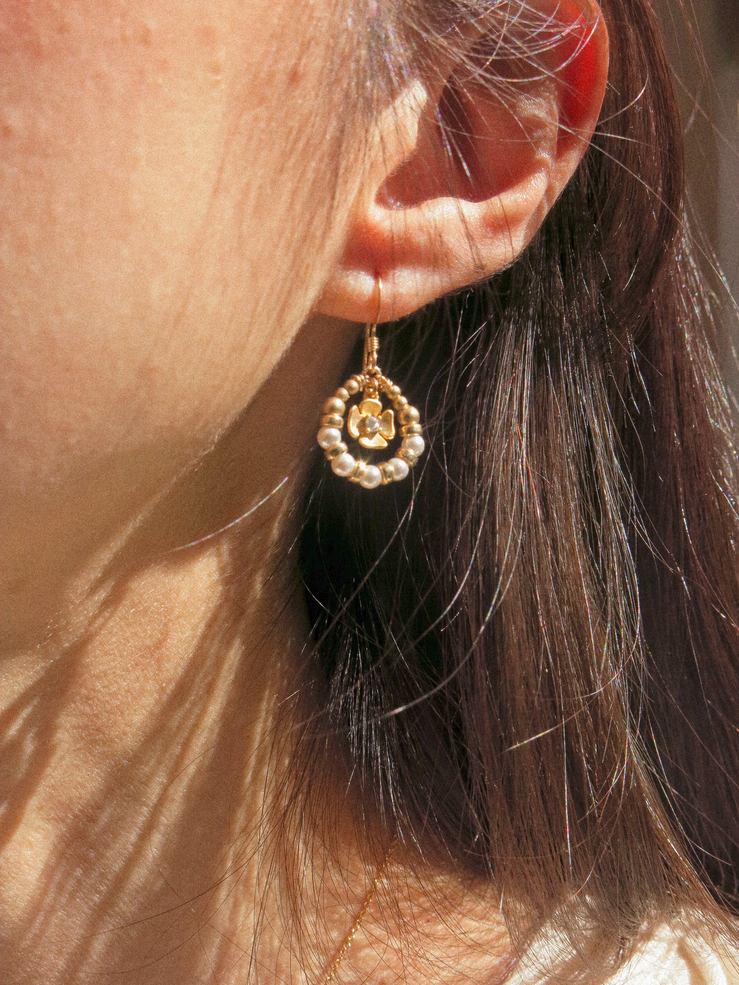 Suila Earrings with Petite Matte Gold Flower, Cubic Zirconia and White Glass Pearls, 14K Gold Fill