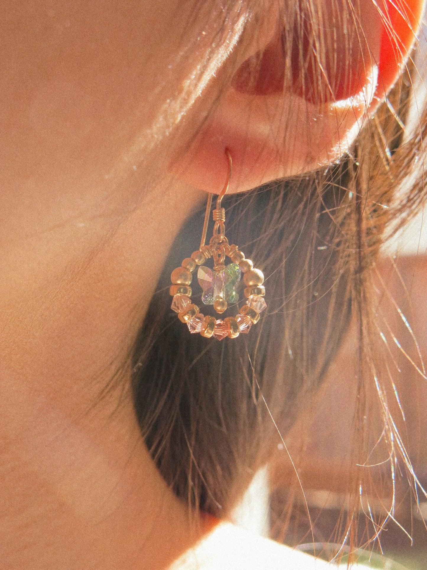 Suila Earrings with Mystic Peacock Butterfly and Ombré Lavender Swarovski Crystal, 14K Gold Fill