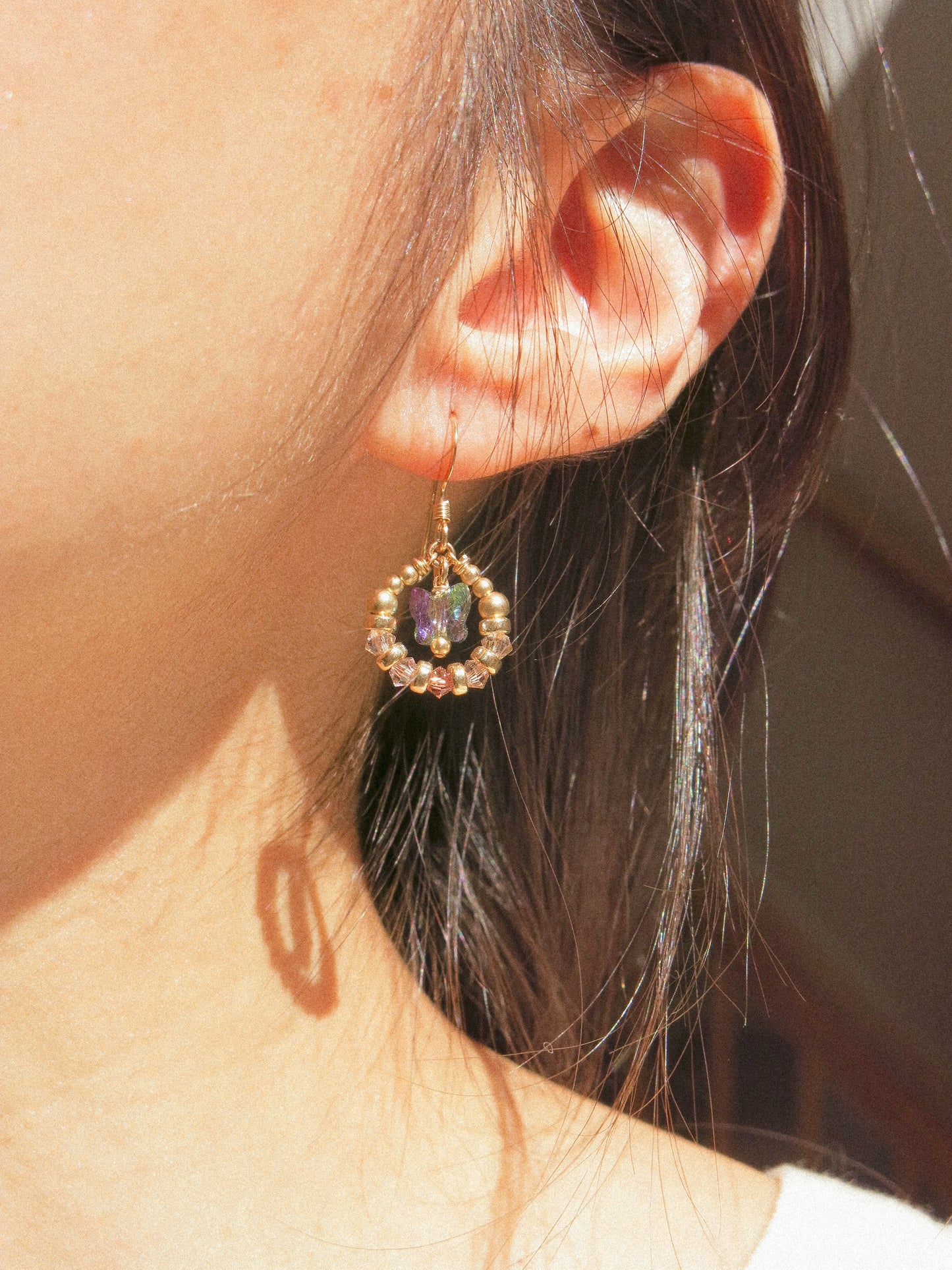 Suila Earrings with Mystic Peacock Butterfly and Ombré Lavender Swarovski Crystal, 14K Gold Fill