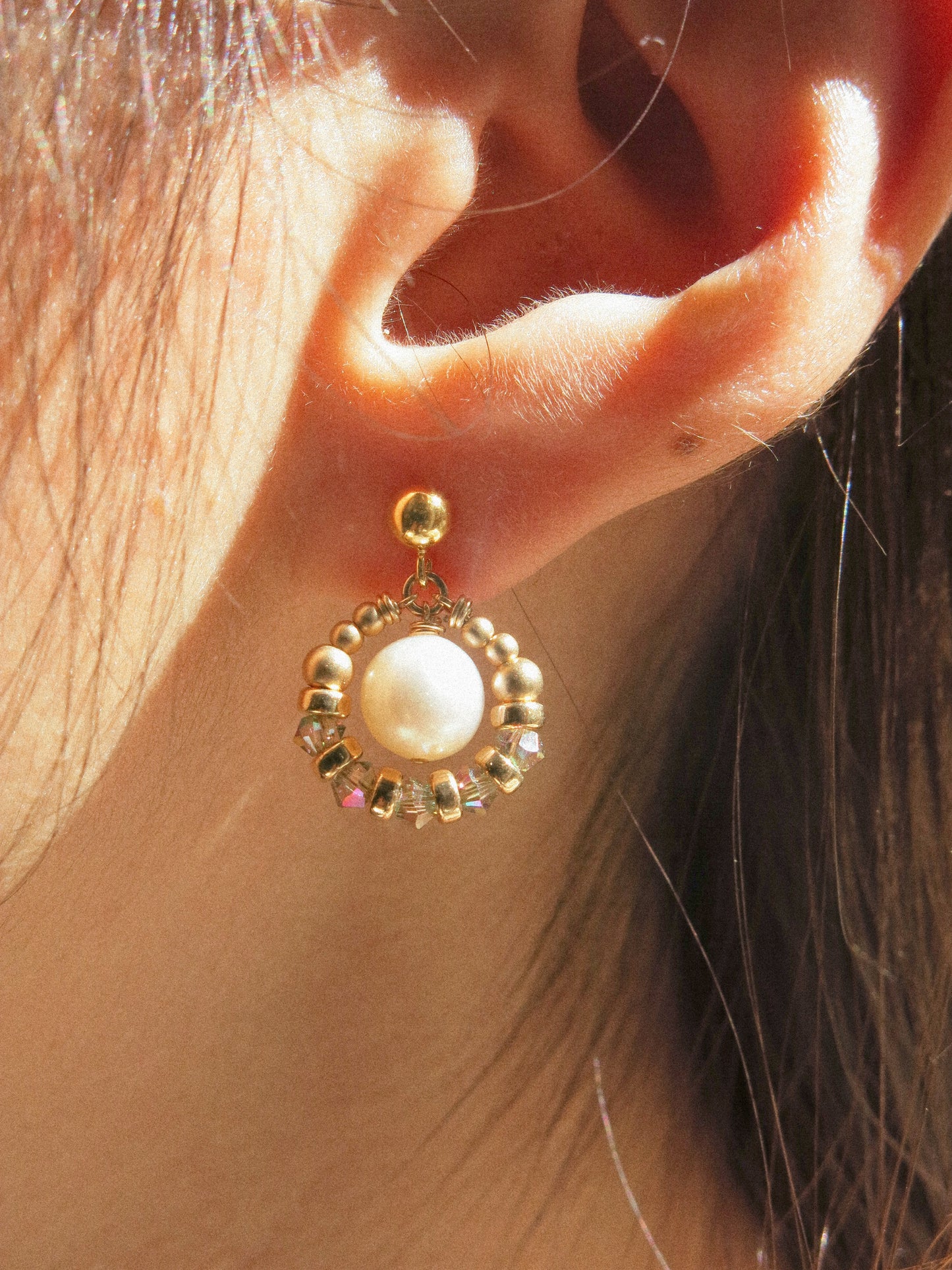 Suila Earrings with White Round Pearl and Mystic Mint Peacock Swarovski Crystal, 14K Gold Fill, Ball Post Earrings