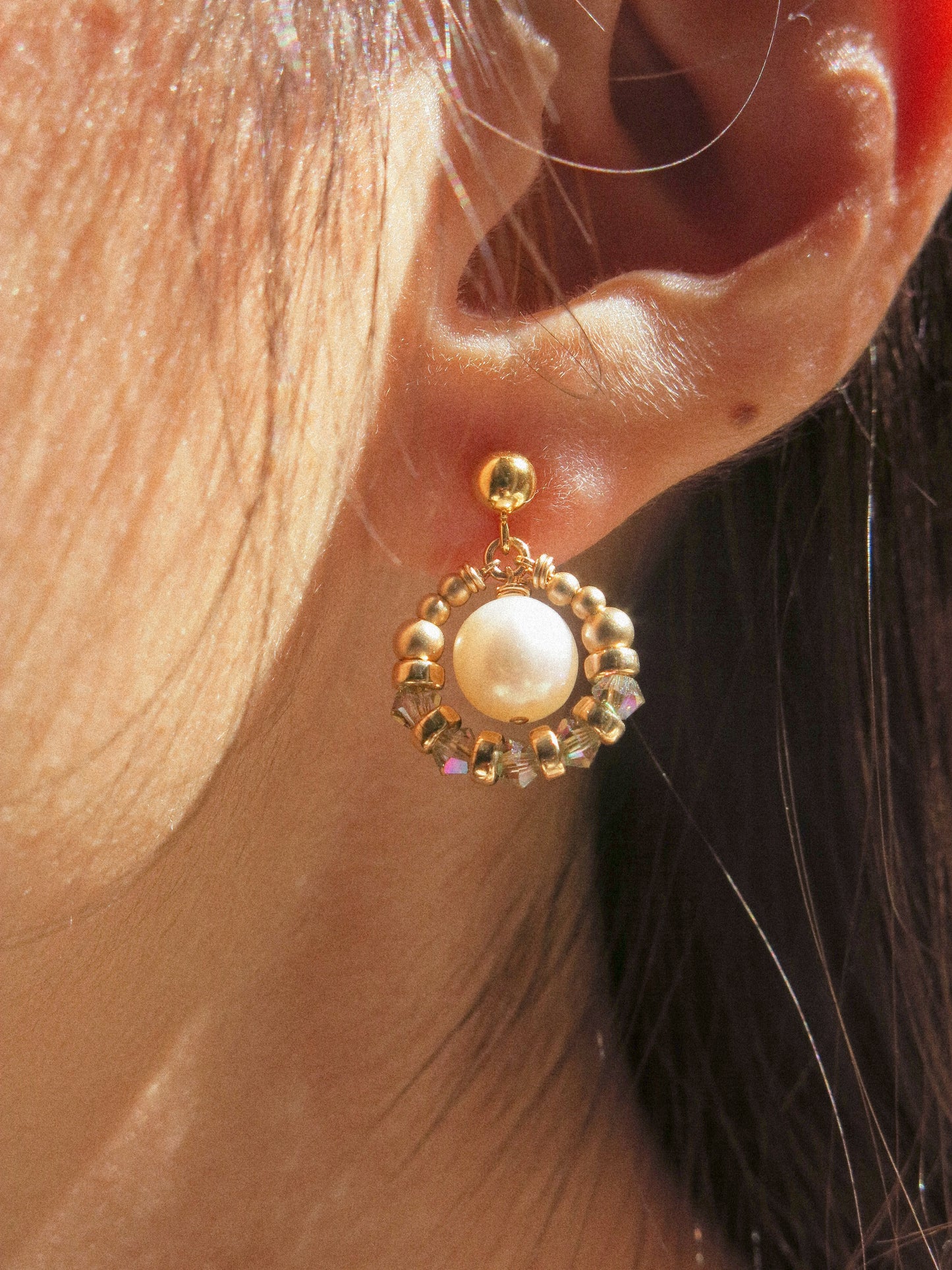 Suila Earrings with White Round Pearl and Mystic Mint Peacock Swarovski Crystal, 14K Gold Fill, Ball Post Earrings