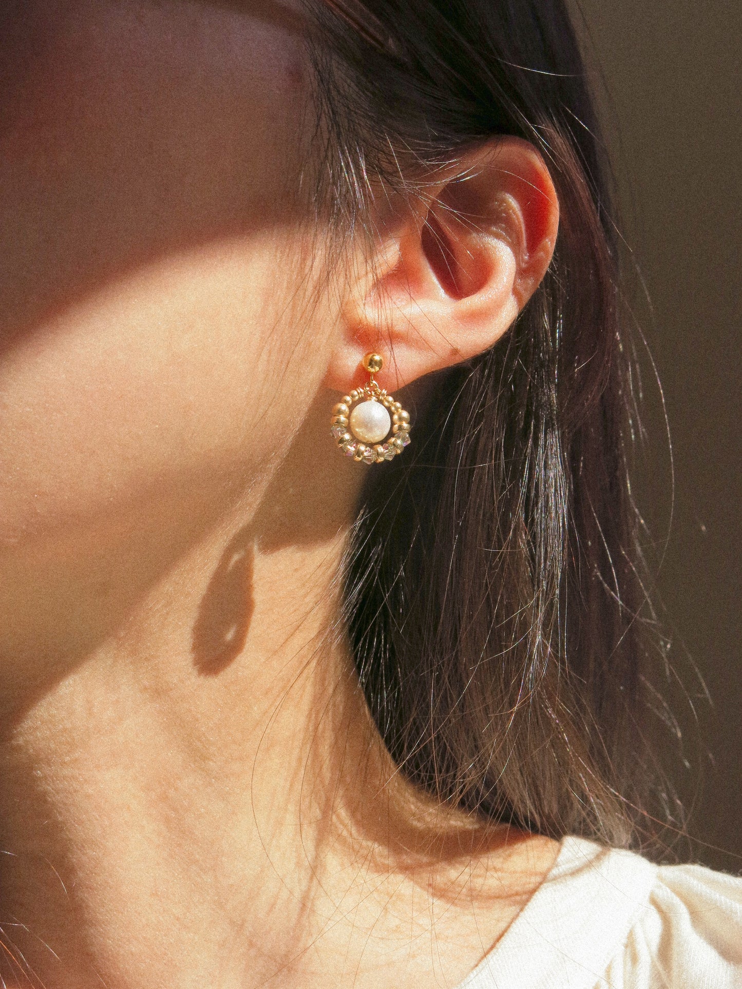 Suila Earrings with White Round Pearl and Mystic Mint Peacock Swarovski Crystal, 14K Gold Fill, Ball Post Earrings
