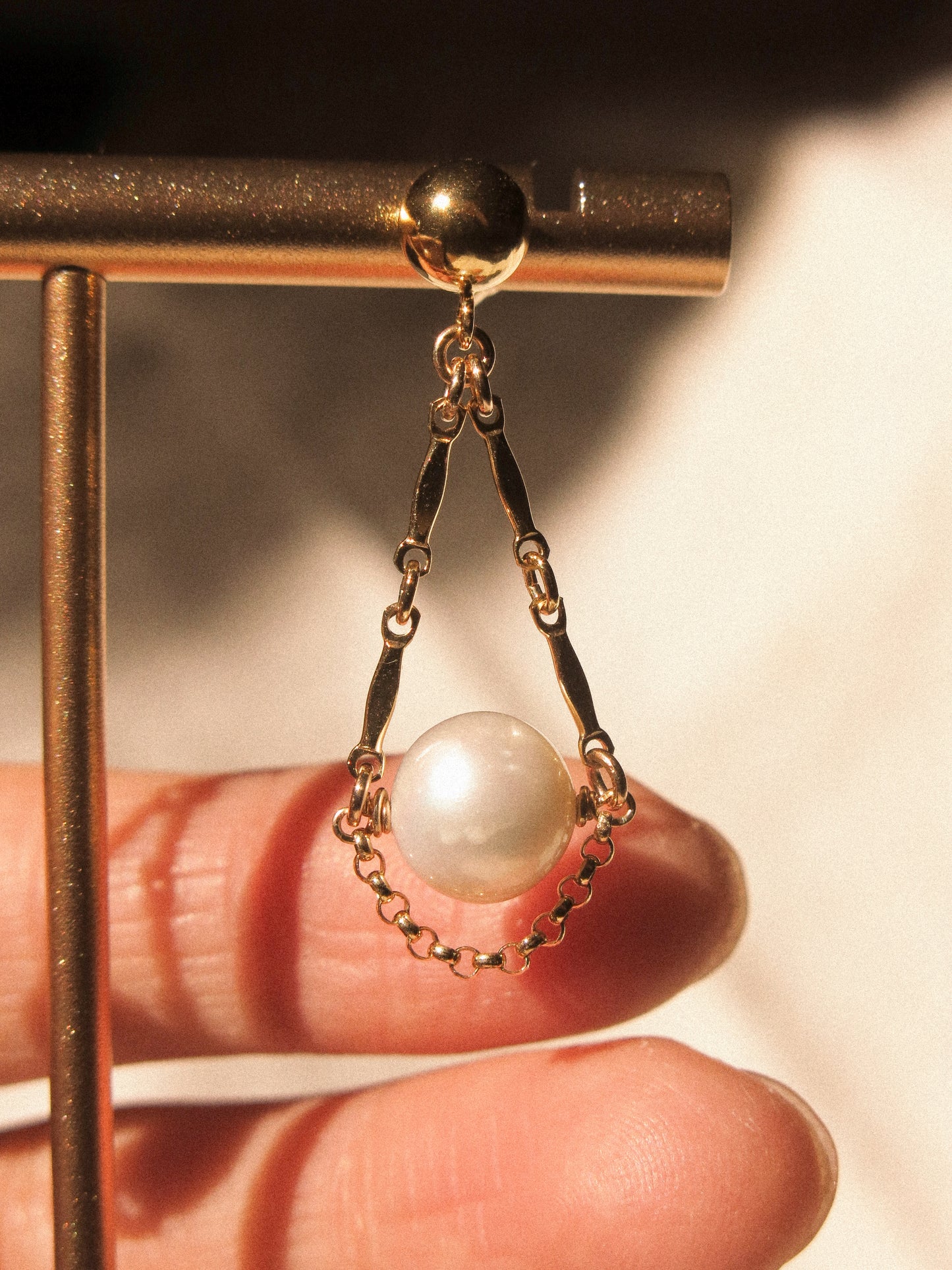 Florence Earrings, White Round Pearl and Dapped Bar on 6mm Ball Post, 14K Gold Fill