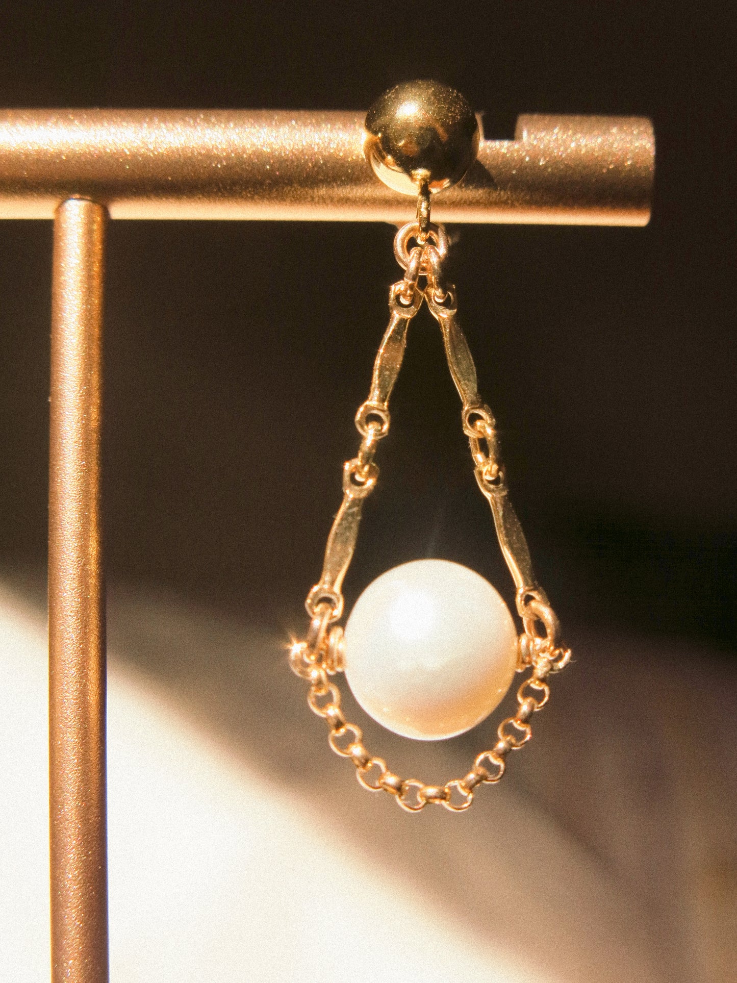 Florence Earrings, White Round Pearl and Dapped Bar on 6mm Ball Post, 14K Gold Fill