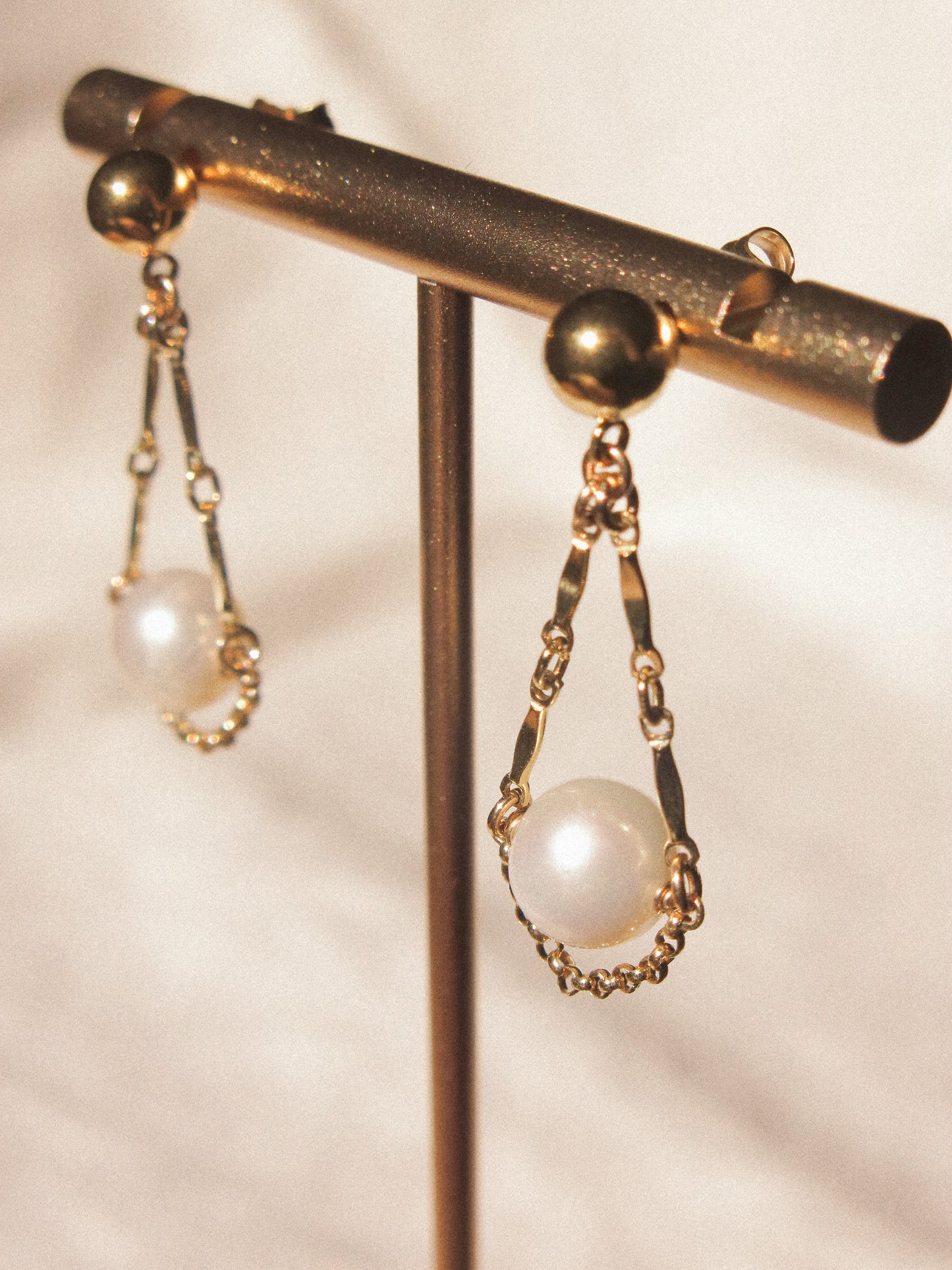 Florence Earrings, White Round Pearl and Dapped Bar on 6mm Ball Post, 14K Gold Fill