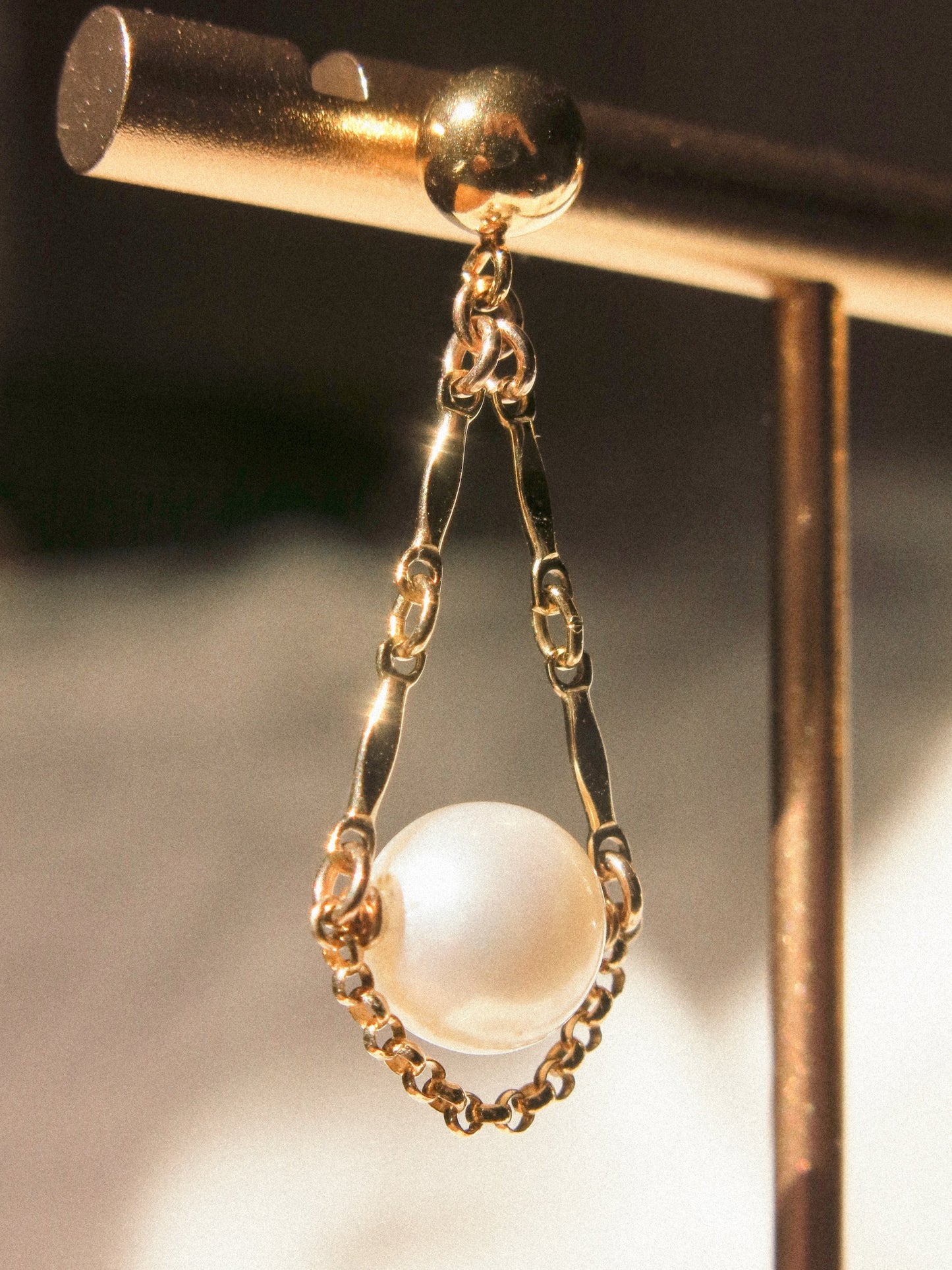 Florence Earrings, White Round Pearl and Dapped Bar on 6mm Ball Post, 14K Gold Fill
