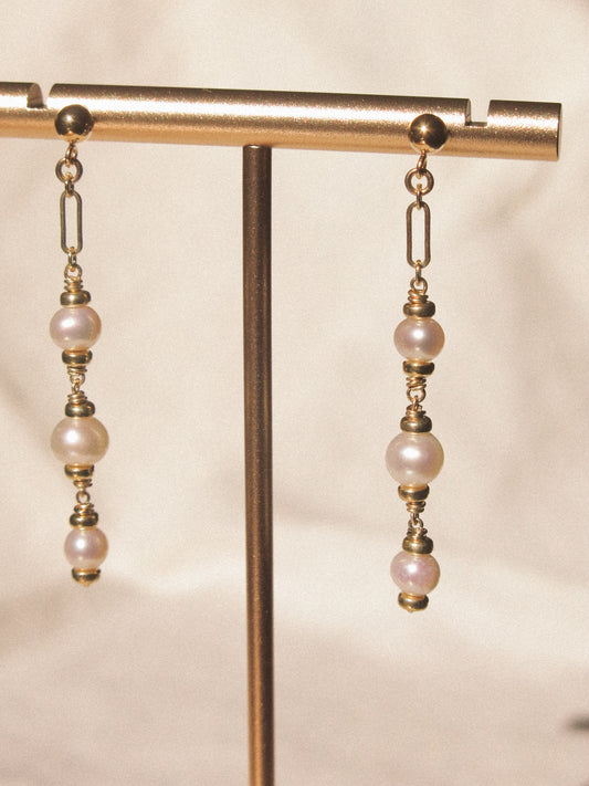 White Pearl Trio Cascading Post Earrings, 14K Gold Fill
