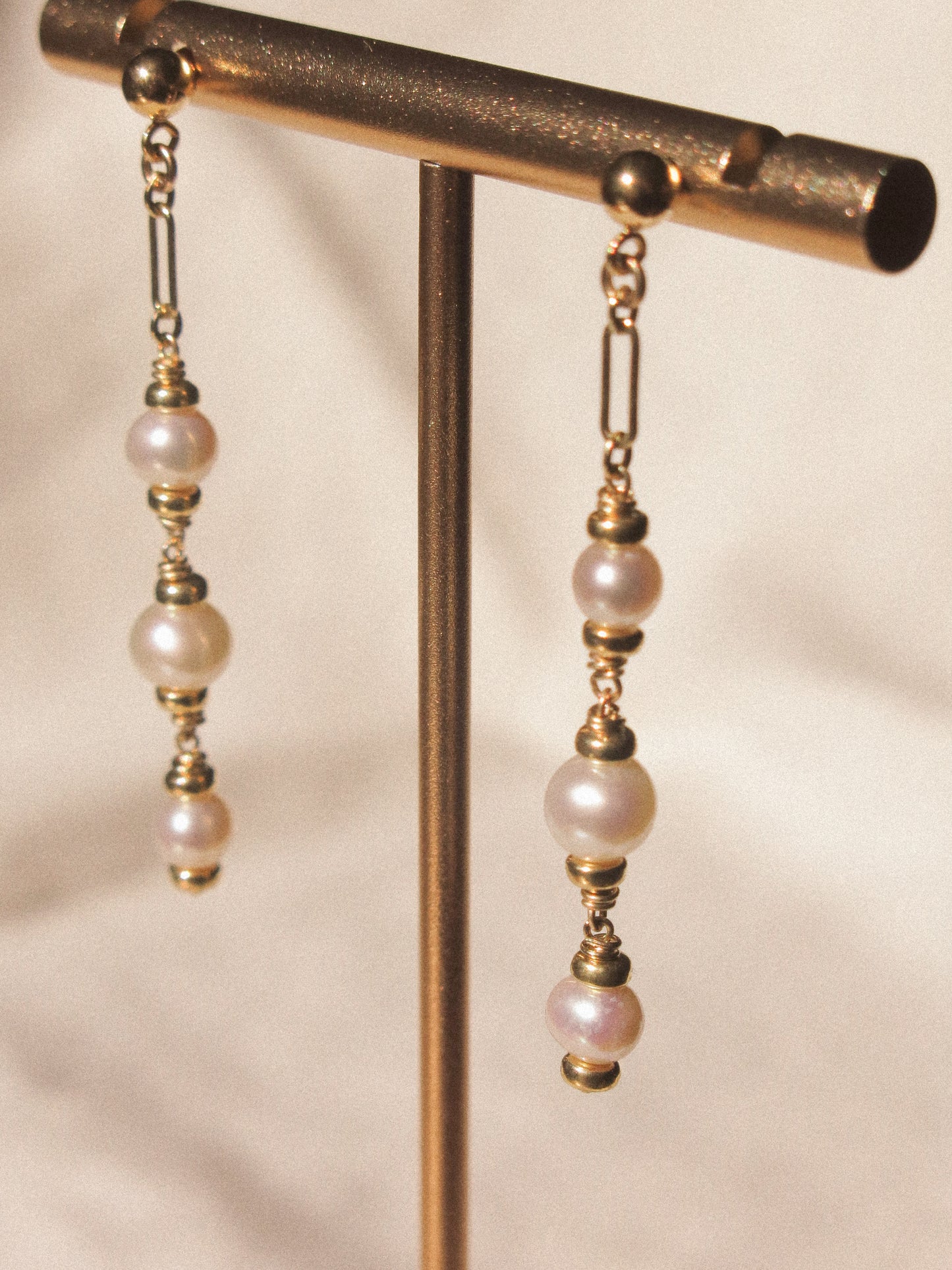 White Pearl Trio Cascading Post Earrings, 14K Gold Fill