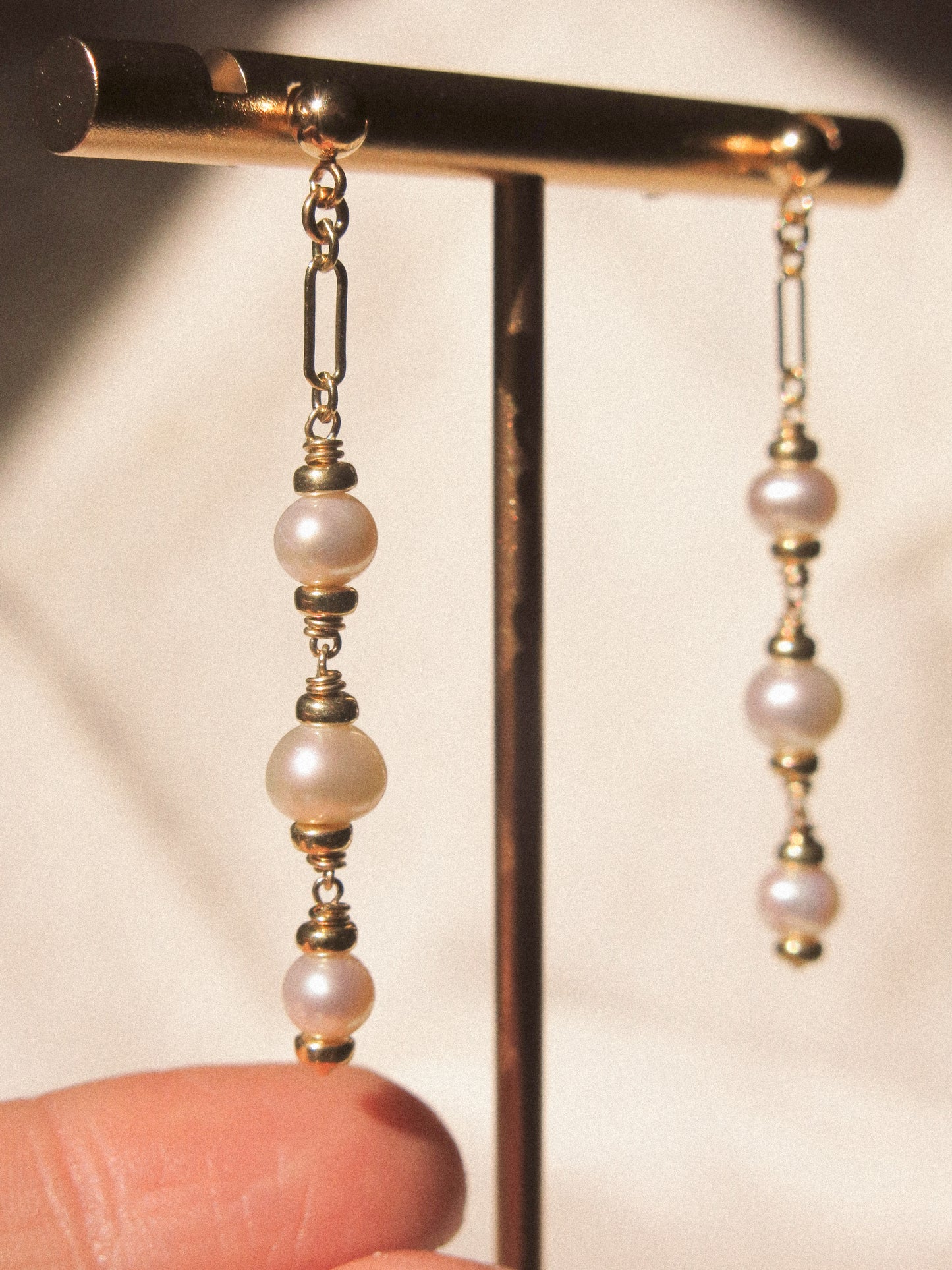 White Pearl Trio Cascading Post Earrings, 14K Gold Fill
