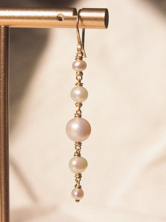 Graduated White Pearl Cascading Earrings #2, 14K Gold Fill