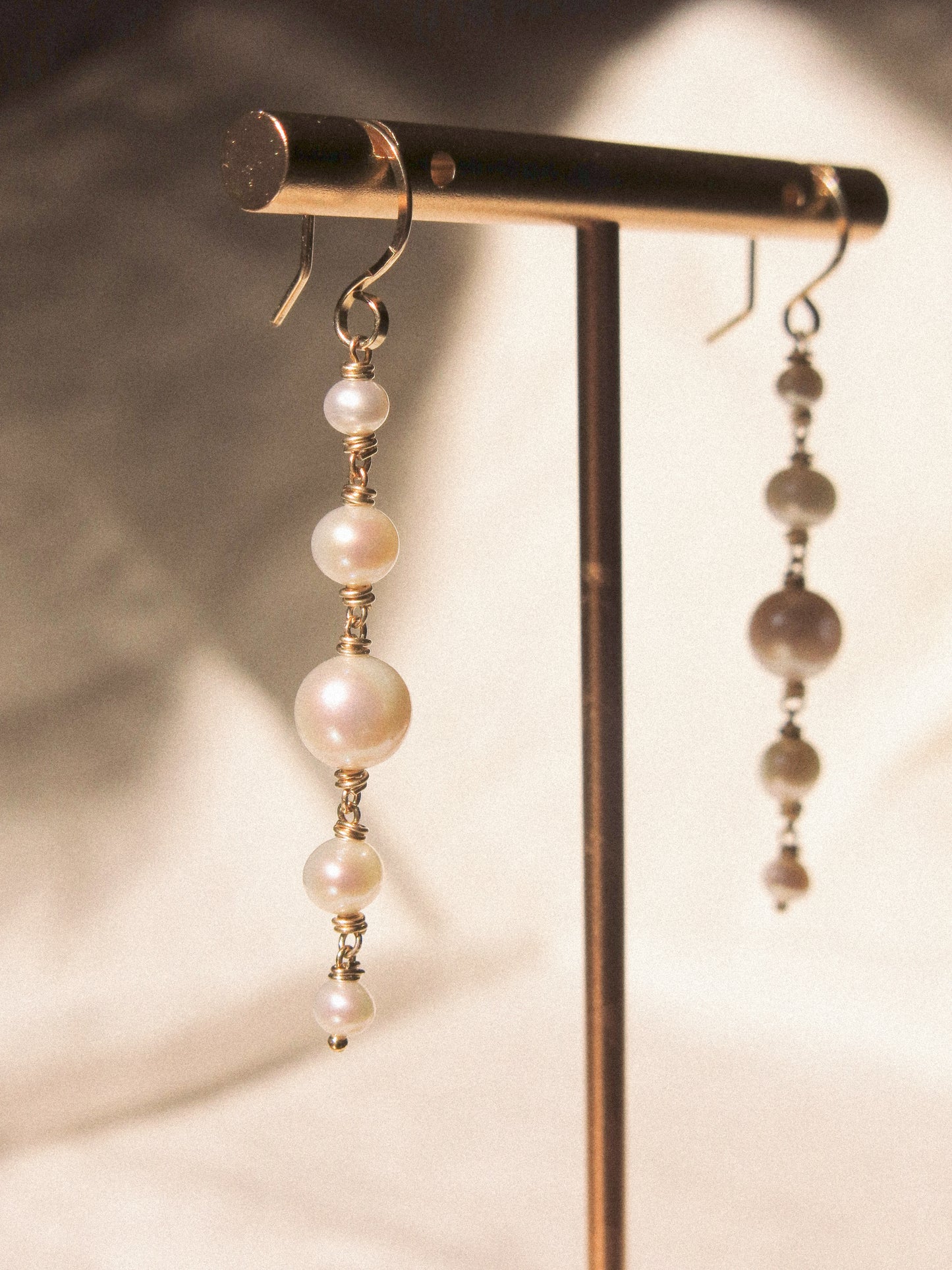 Graduated White Pearl Cascading Earrings #2, 14K Gold Fill