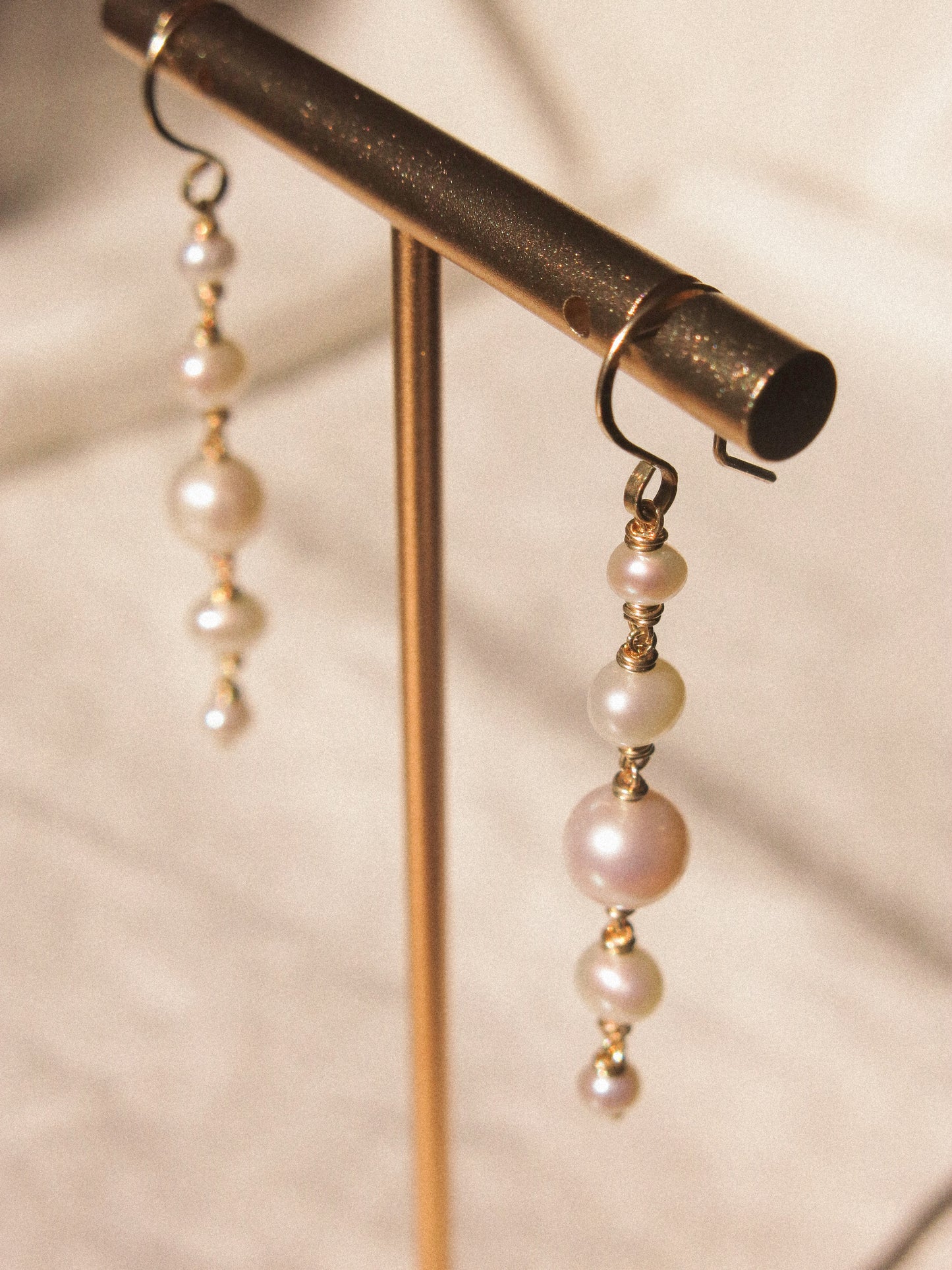 Graduated White Pearl Cascading Earrings #2, 14K Gold Fill