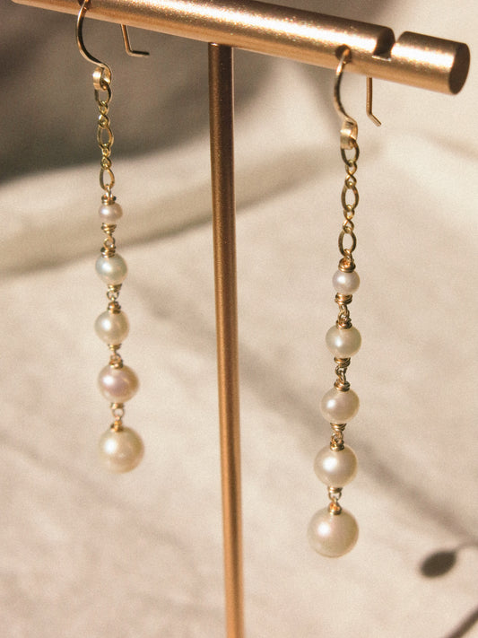 Graduated White Pearl Cascading Earrings with Figure 8 Chain, 14K Gold Fill