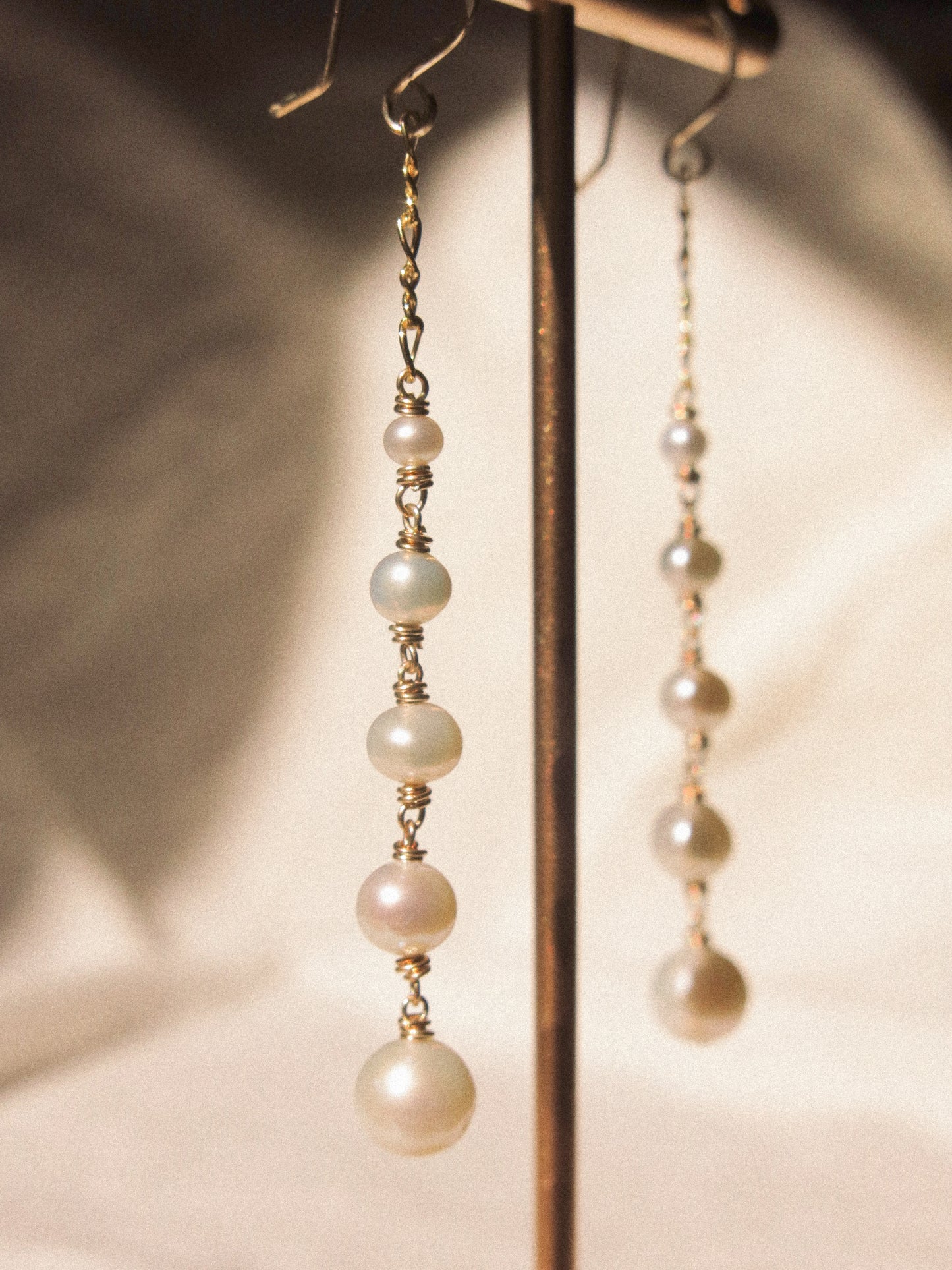 Graduated White Pearl Cascading Earrings with Figure 8 Chain, 14K Gold Fill