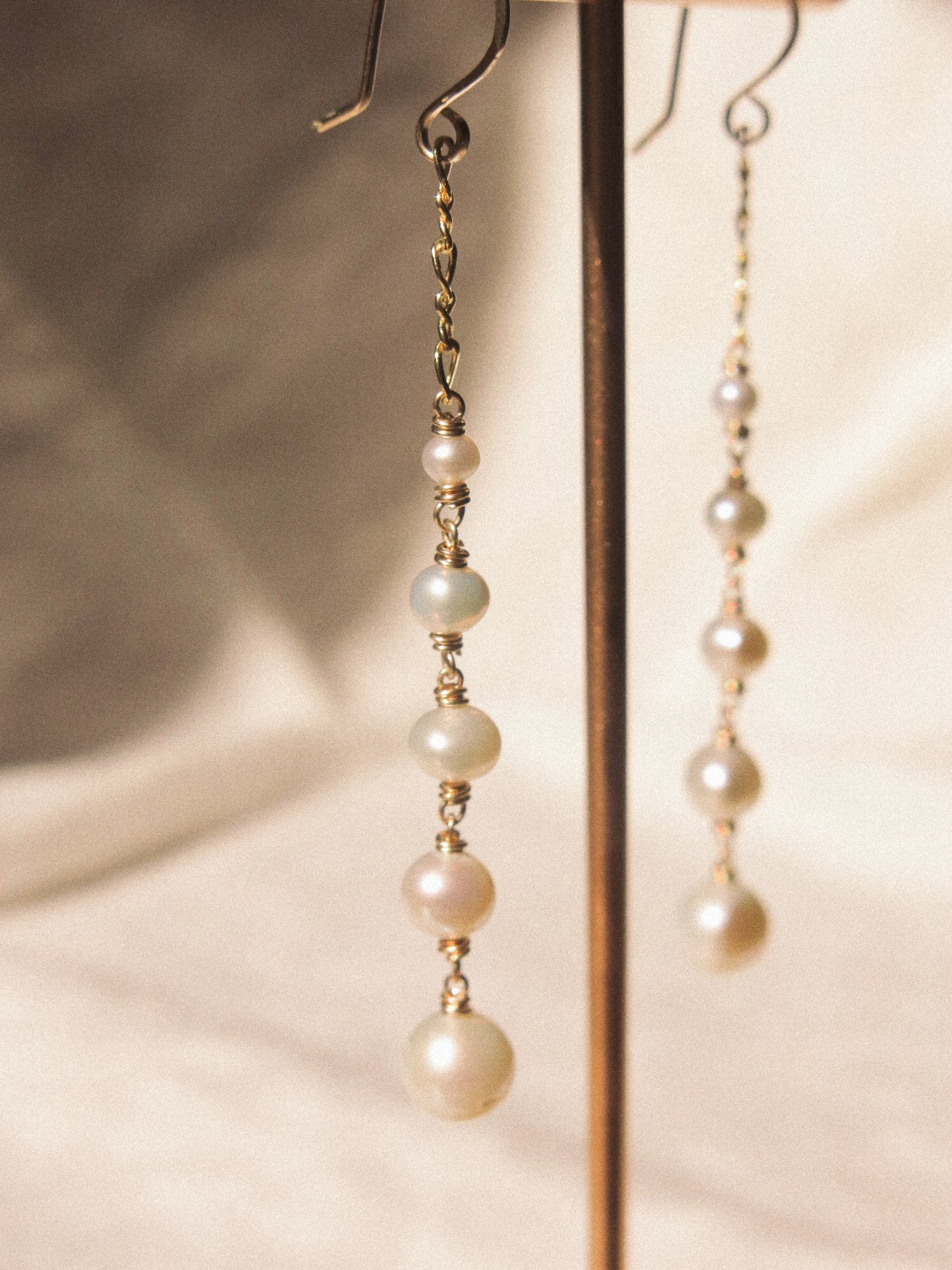 Graduated White Pearl Cascading Earrings with Figure 8 Chain, 14K Gold Fill