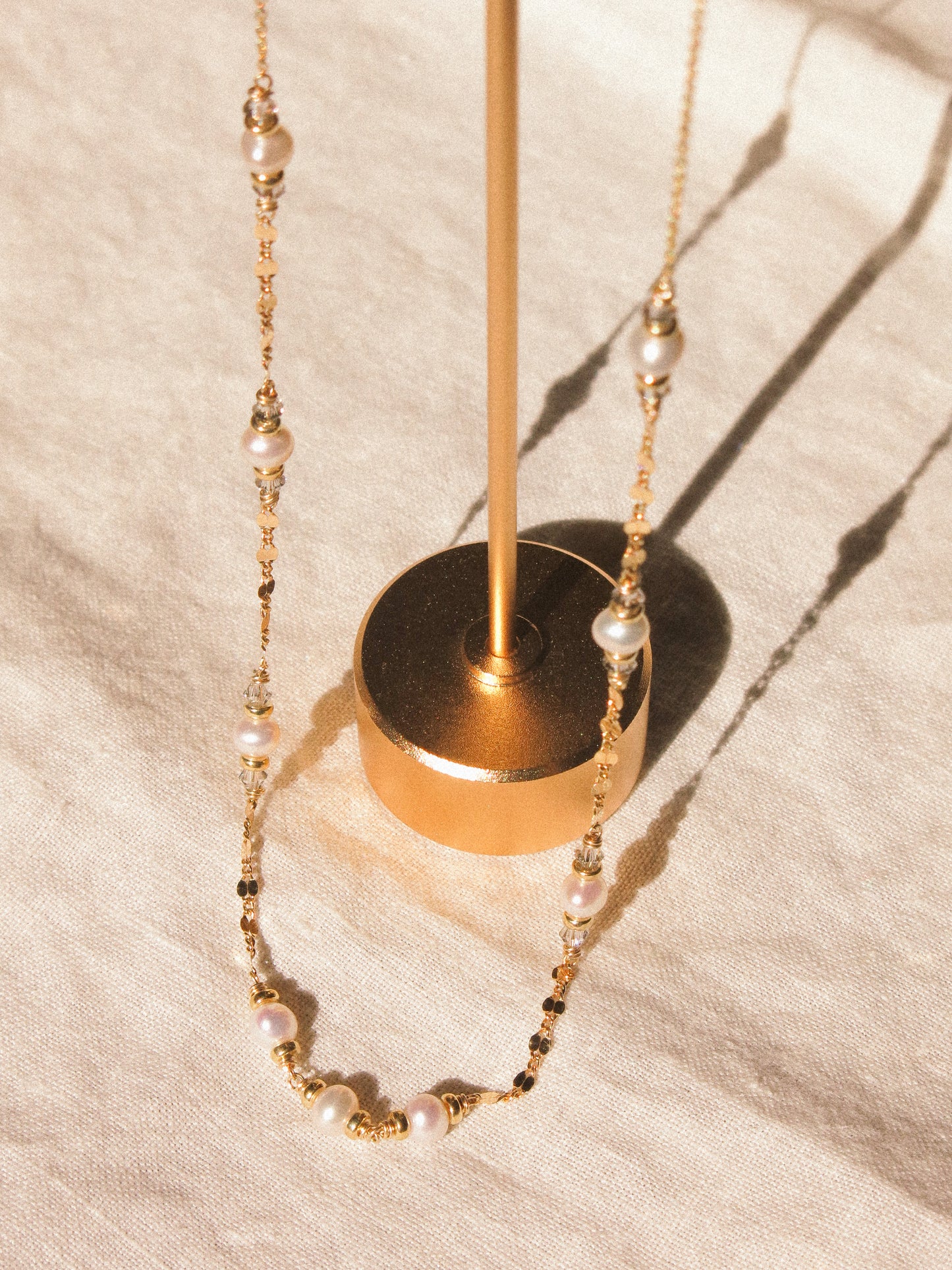 White Pearl and Swarovski Crystal Satellite Choker Necklace with Dapped Sequin Chain, 14K Gold Fill