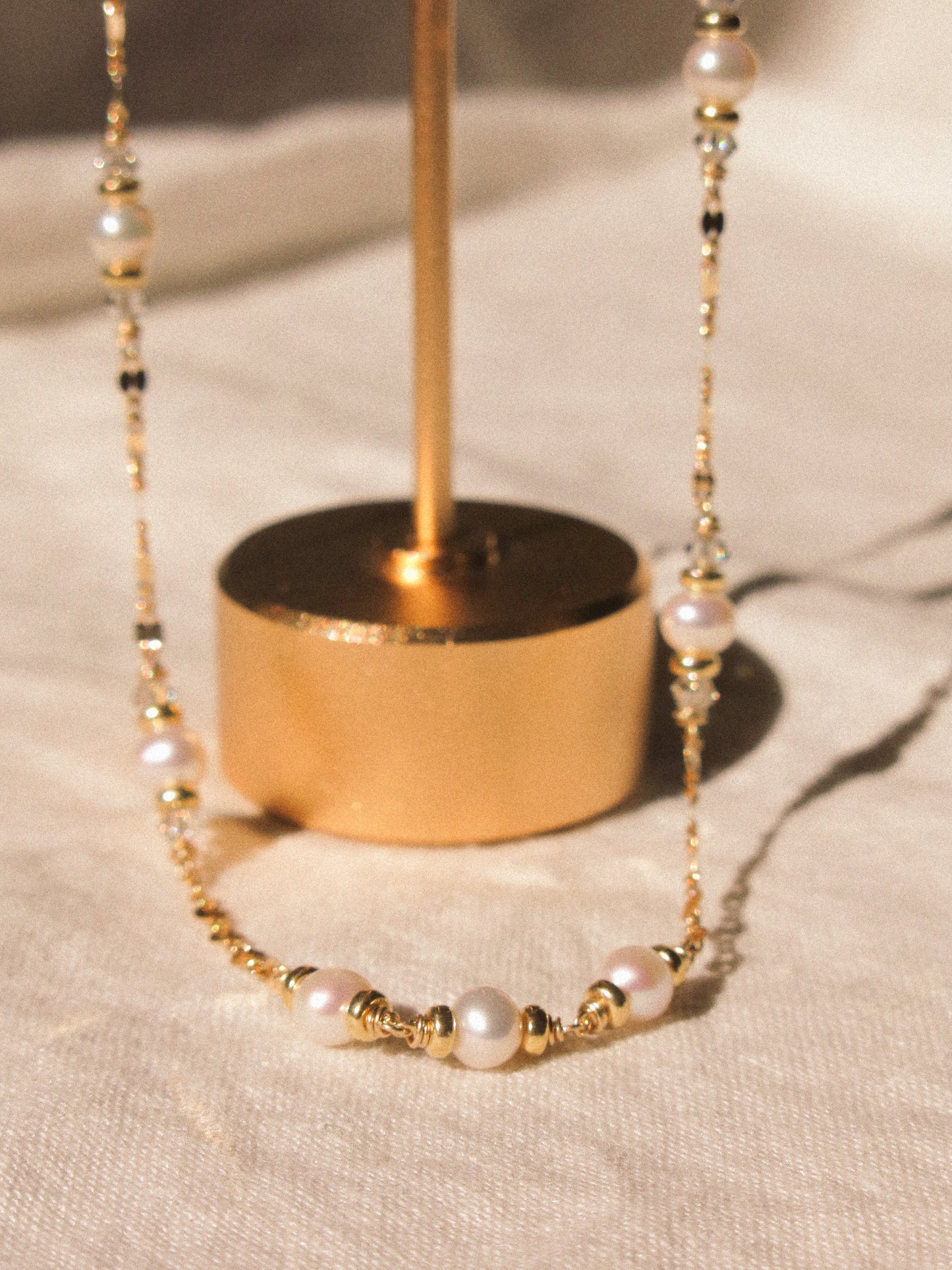 White Pearl and Swarovski Crystal Satellite Choker Necklace with Dapped Sequin Chain, 14K Gold Fill