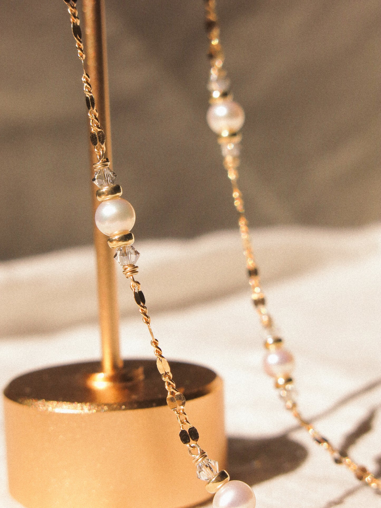 White Pearl and Swarovski Crystal Satellite Choker Necklace with Dapped Sequin Chain, 14K Gold Fill