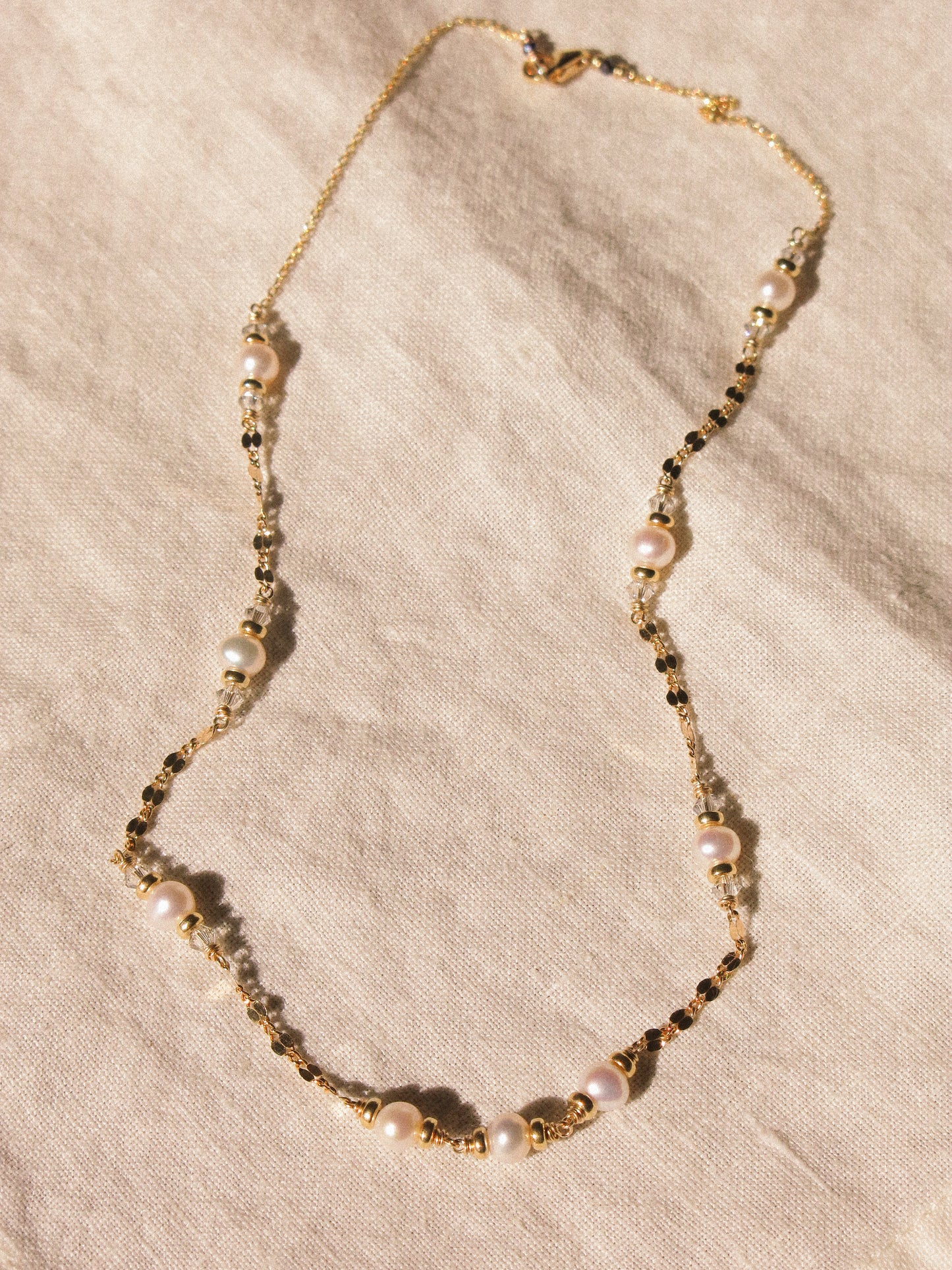 White Pearl and Swarovski Crystal Satellite Choker Necklace with Dapped Sequin Chain, 14K Gold Fill
